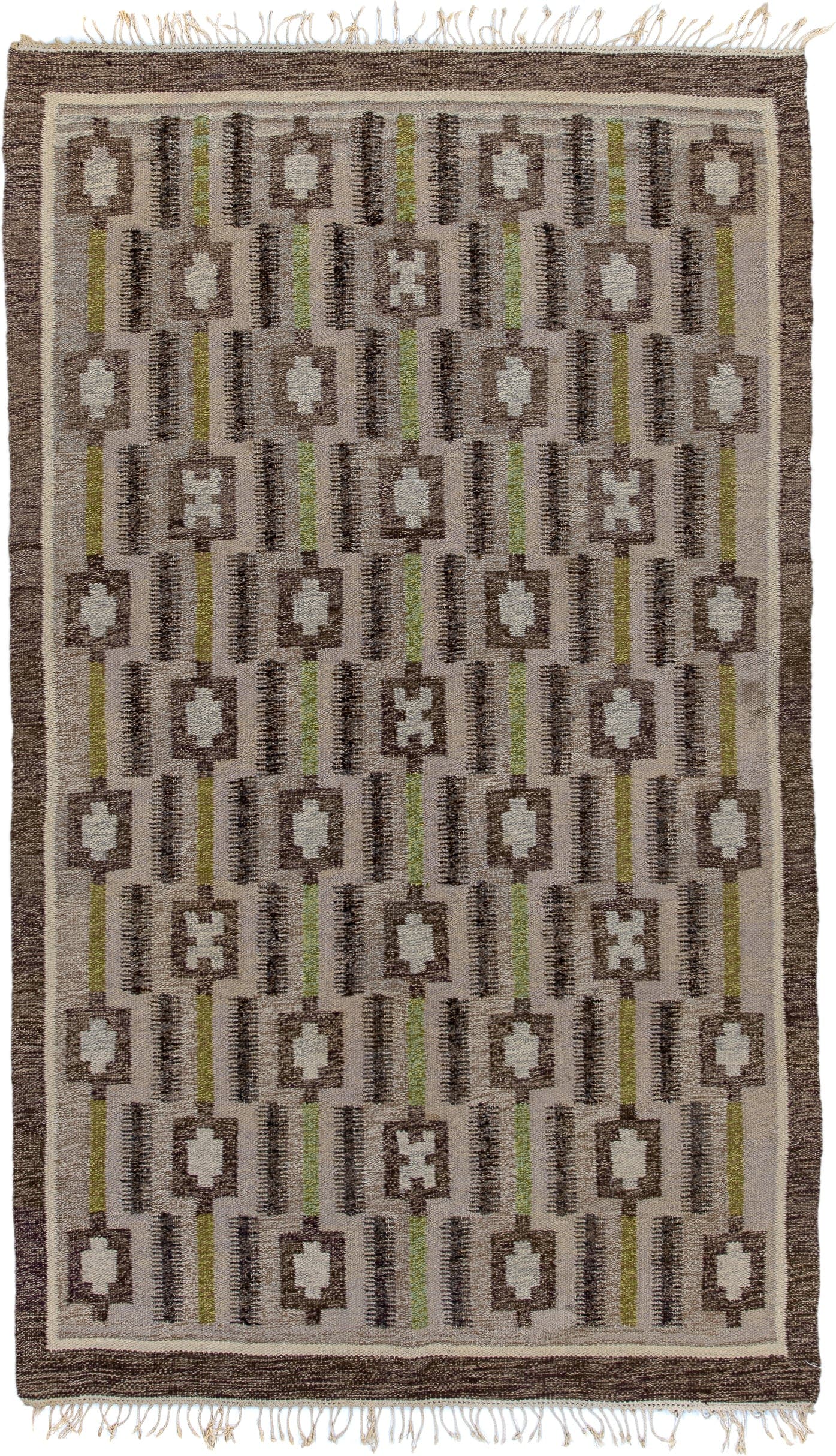 4' x 8' one-of-a-kind handmade antique Rollaken rug. Color palette: taupe, brown, ivory, olive, beige, gray, green