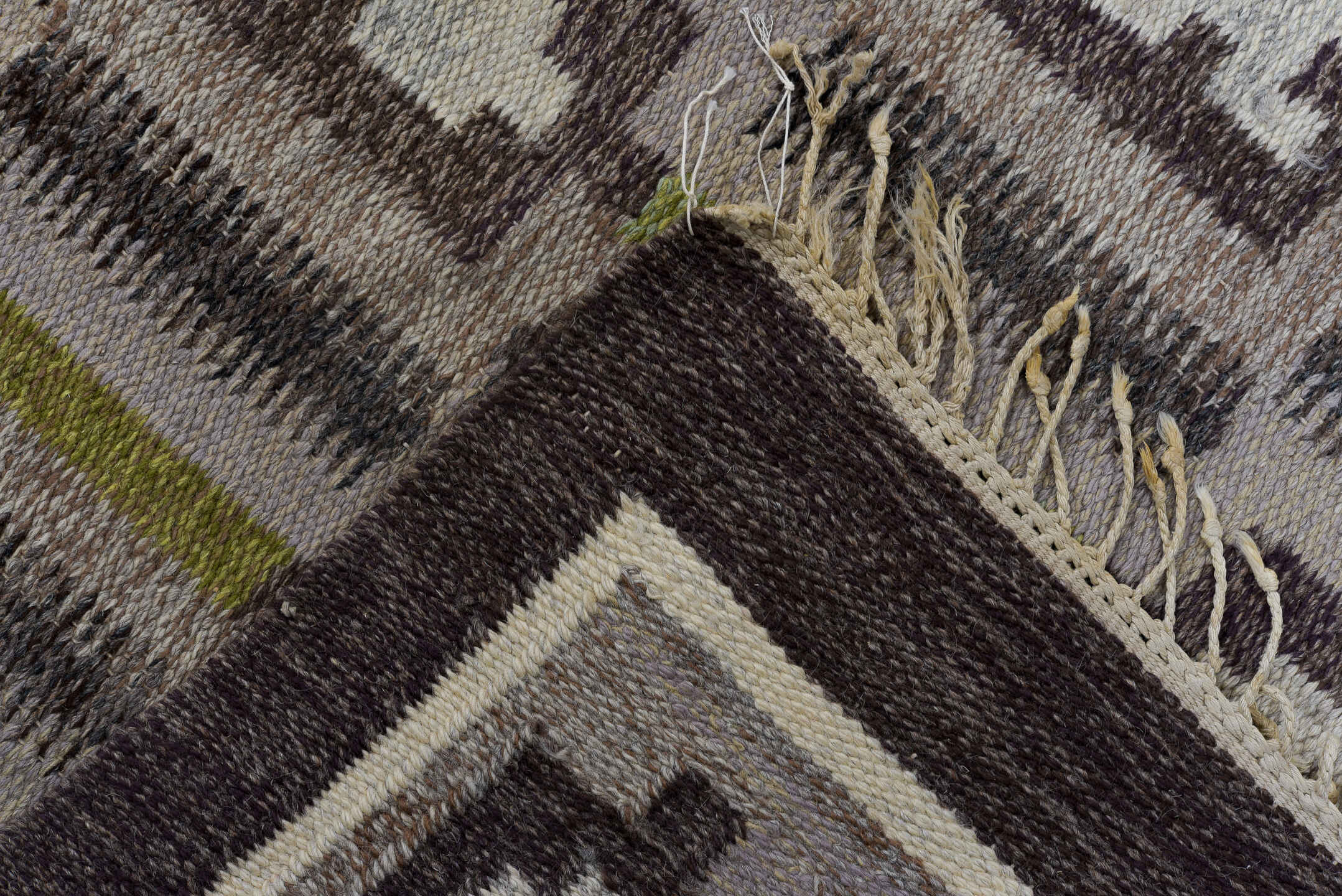 4' x 8' one-of-a-kind handmade vintage Rollaken rug. Color palette: brown, dark gray, dark khaki, gray, light gray