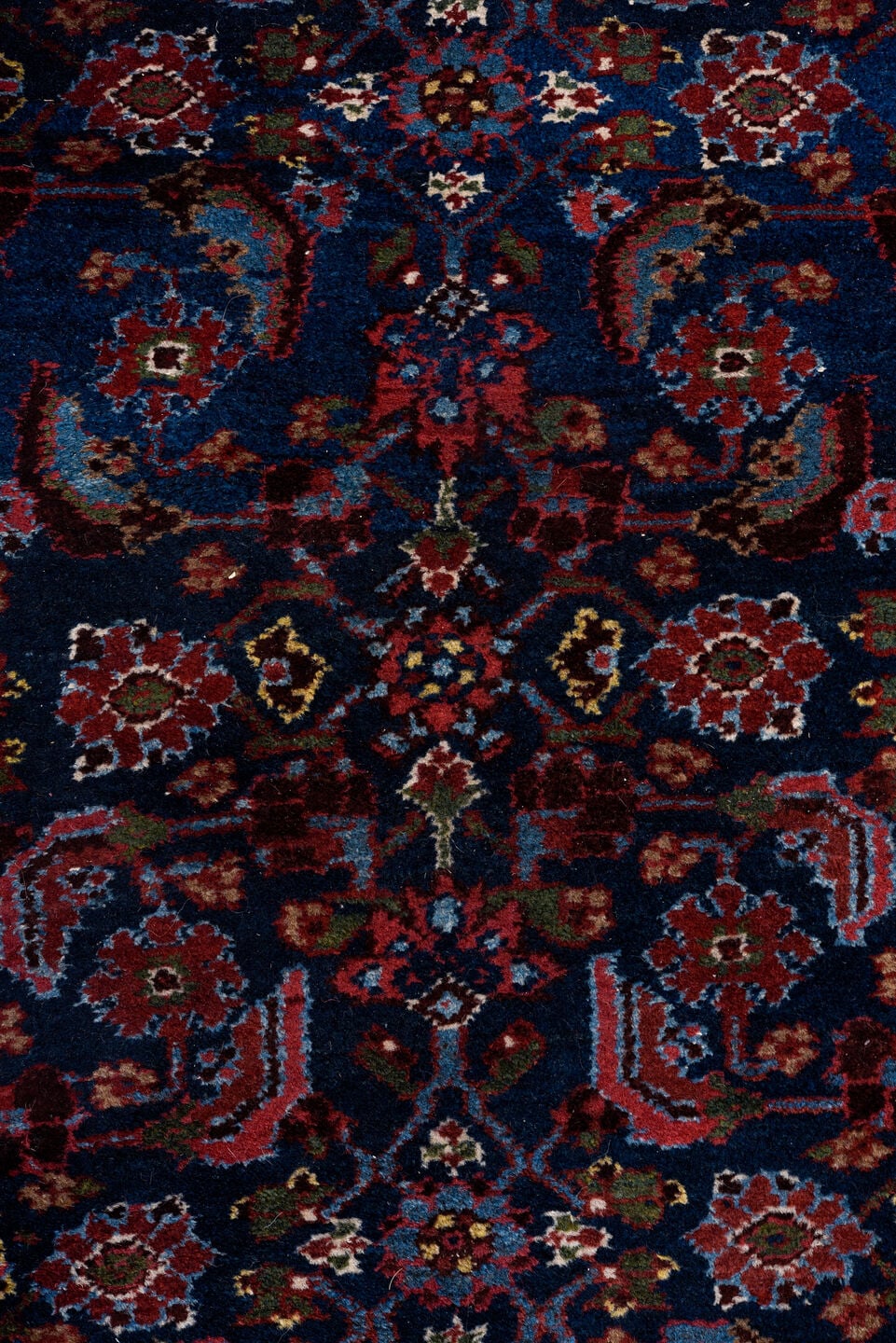 3' x 16' one-of-a-kind handmade antique Hamadan runner rug. Color palette: navy, rust, crimson, ivory, sky blue, burgundy