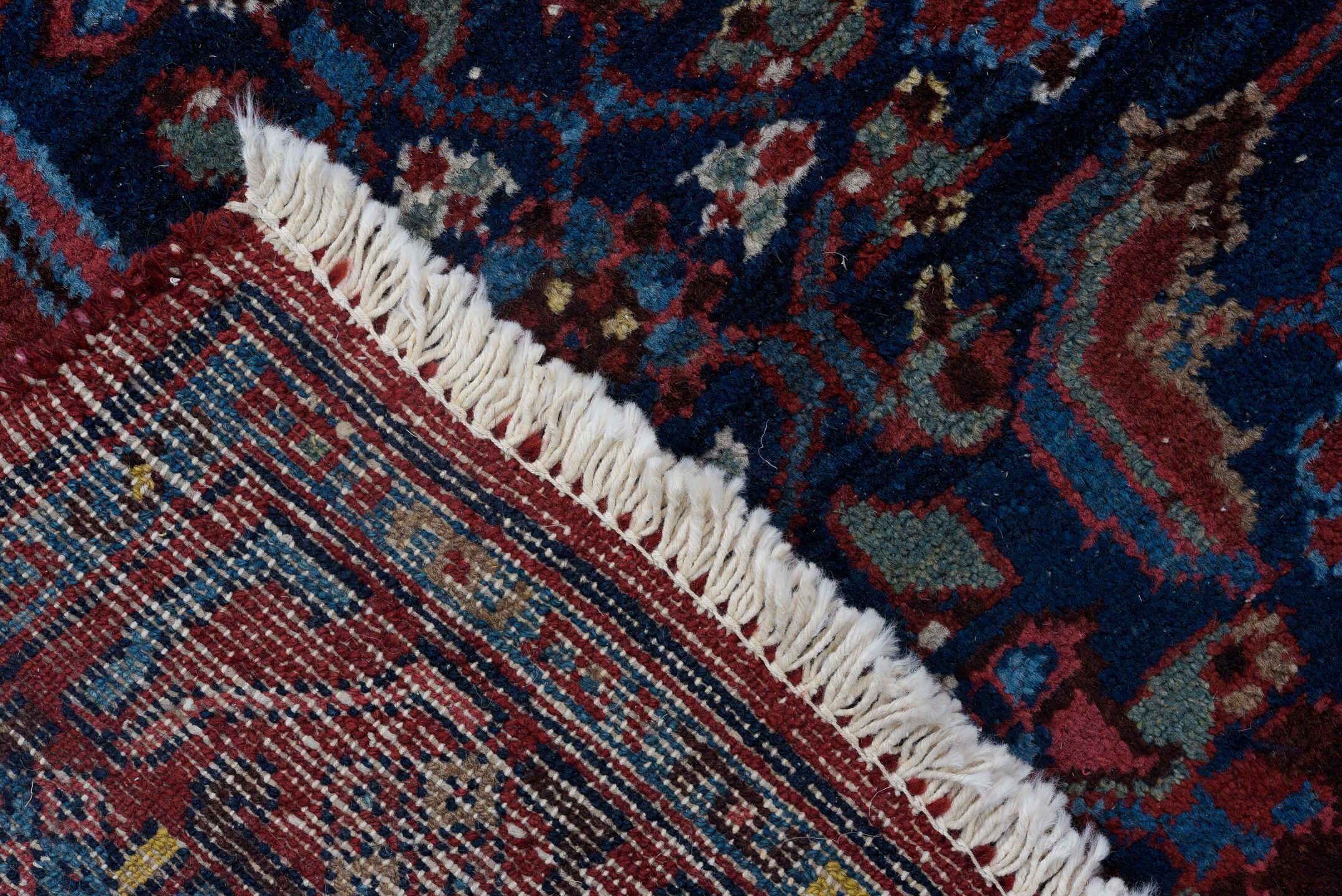 3' x 16' one-of-a-kind handmade antique Hamadan runner rug. Color palette: navy, rust, crimson, ivory, sky blue, burgundy