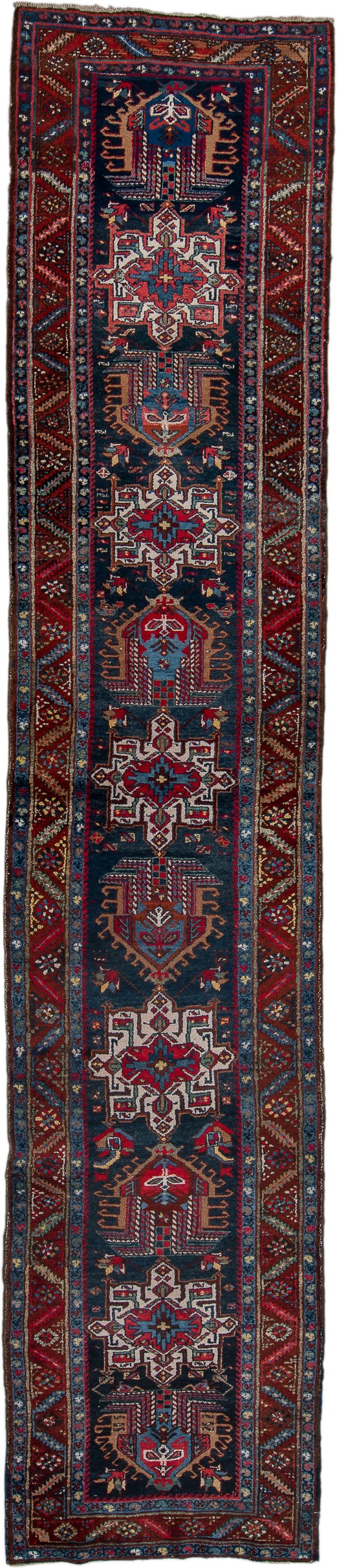 3' x 14' one-of-a-kind handmade vintage Heriz runner rug. Color palette: navy, brick red, ivory, sky blue, rust, camel
