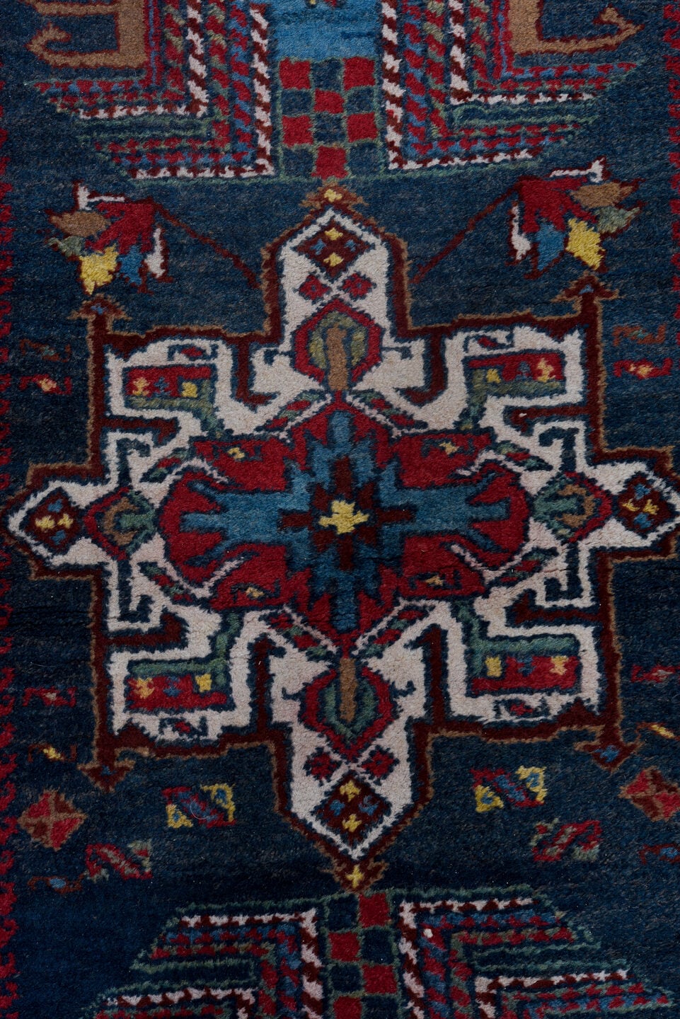 3' x 14' one-of-a-kind handmade vintage Heriz runner rug. Color palette: navy, brick red, ivory, sky blue, rust, camel