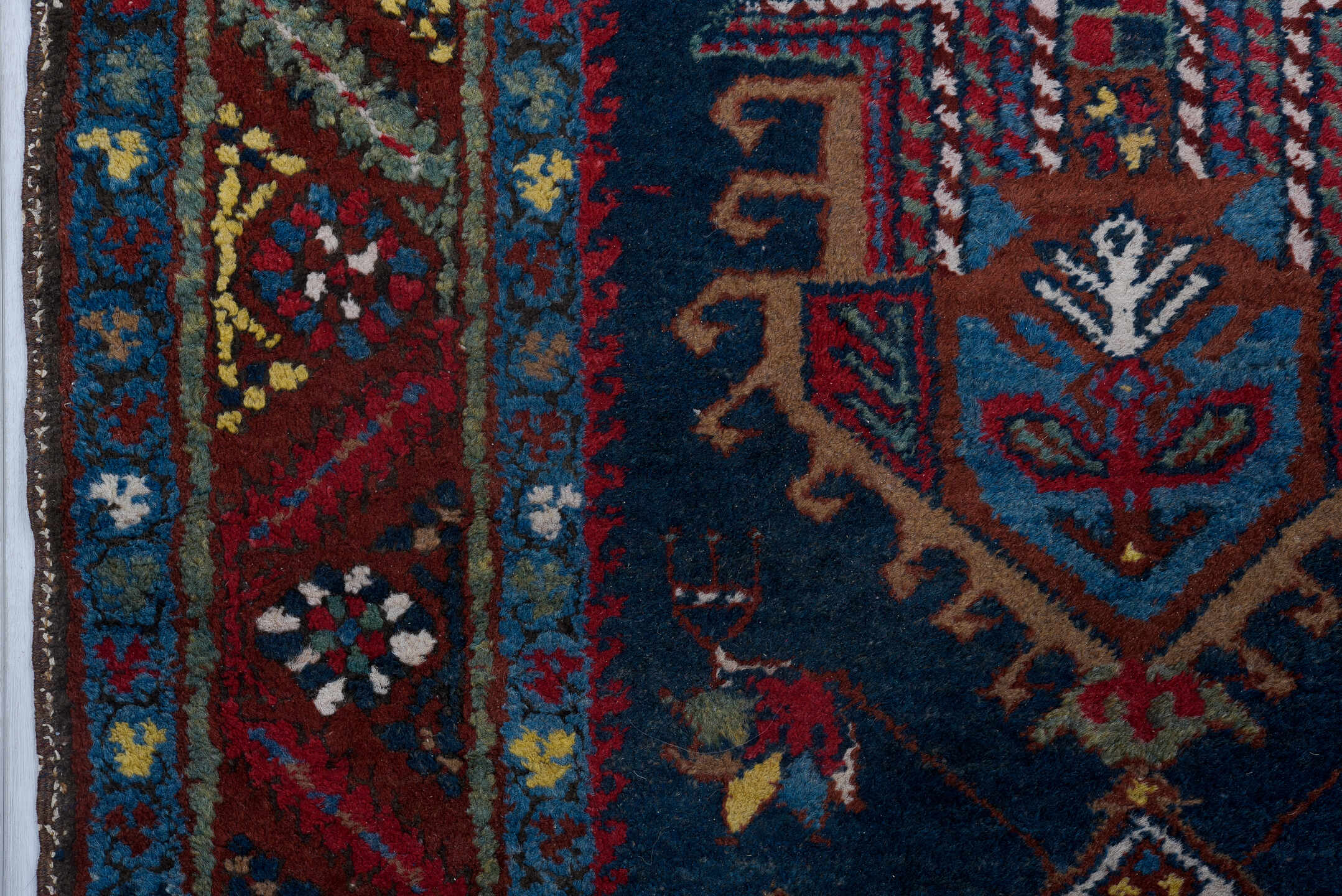 3' x 14' one-of-a-kind handmade vintage Heriz runner rug. Color palette: blue, brown, dim gray, gray, pink, red