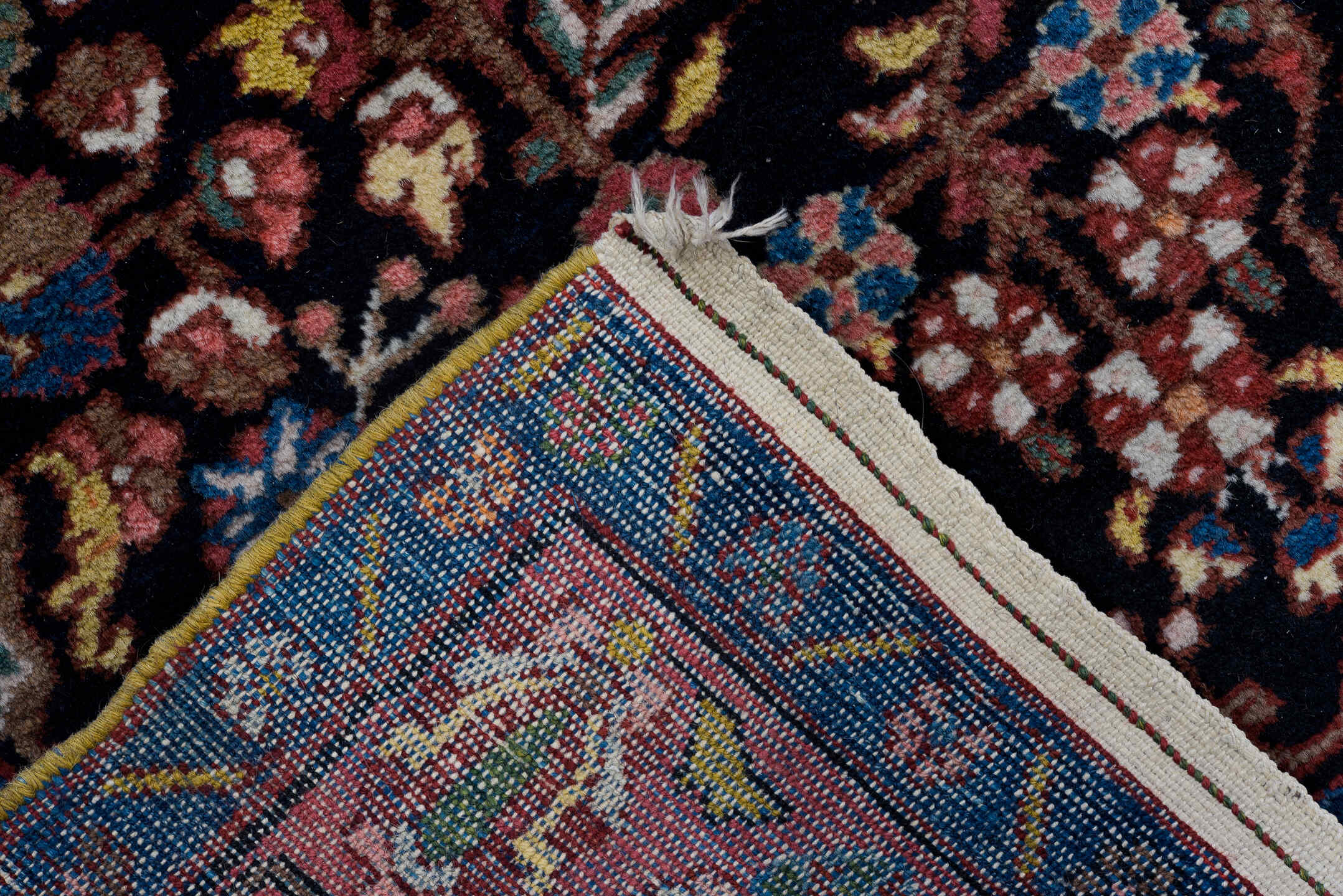 4' x 6' one-of-a-kind handmade antique Hamadan small size rug. Color palette: navy, rose, ivory, sky_blue, crimson, sage