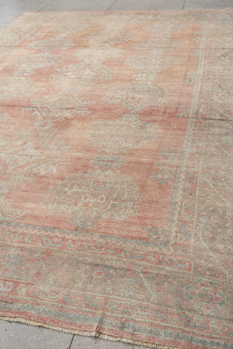 9' x 12' one-of-a-kind handmade antique Oushak large size rug. Color palette: blush, pale aqua, ivory, taupe, rose, sage