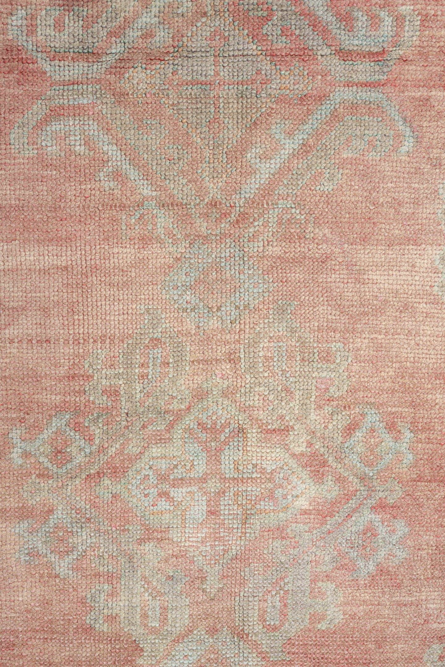 9' x 12' one-of-a-kind handmade antique Oushak large size rug. Color palette: blush, pale aqua, ivory, taupe, rose, sage