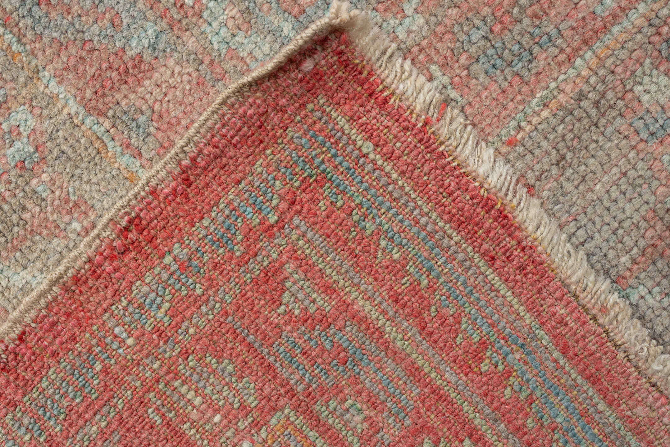 9' x 12' one-of-a-kind handmade antique Oushak large size rug. Color palette: blush, pale aqua, ivory, taupe, rose, sage