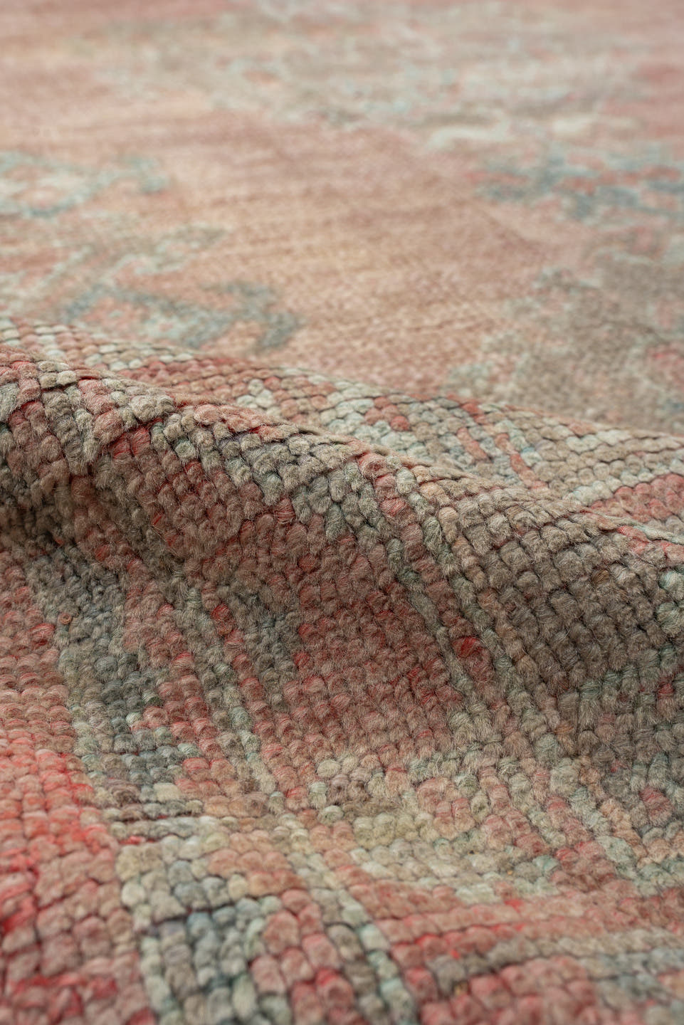 9' x 12' one-of-a-kind handmade antique Oushak large size rug. Color palette: blush, pale aqua, ivory, taupe, rose, sage
