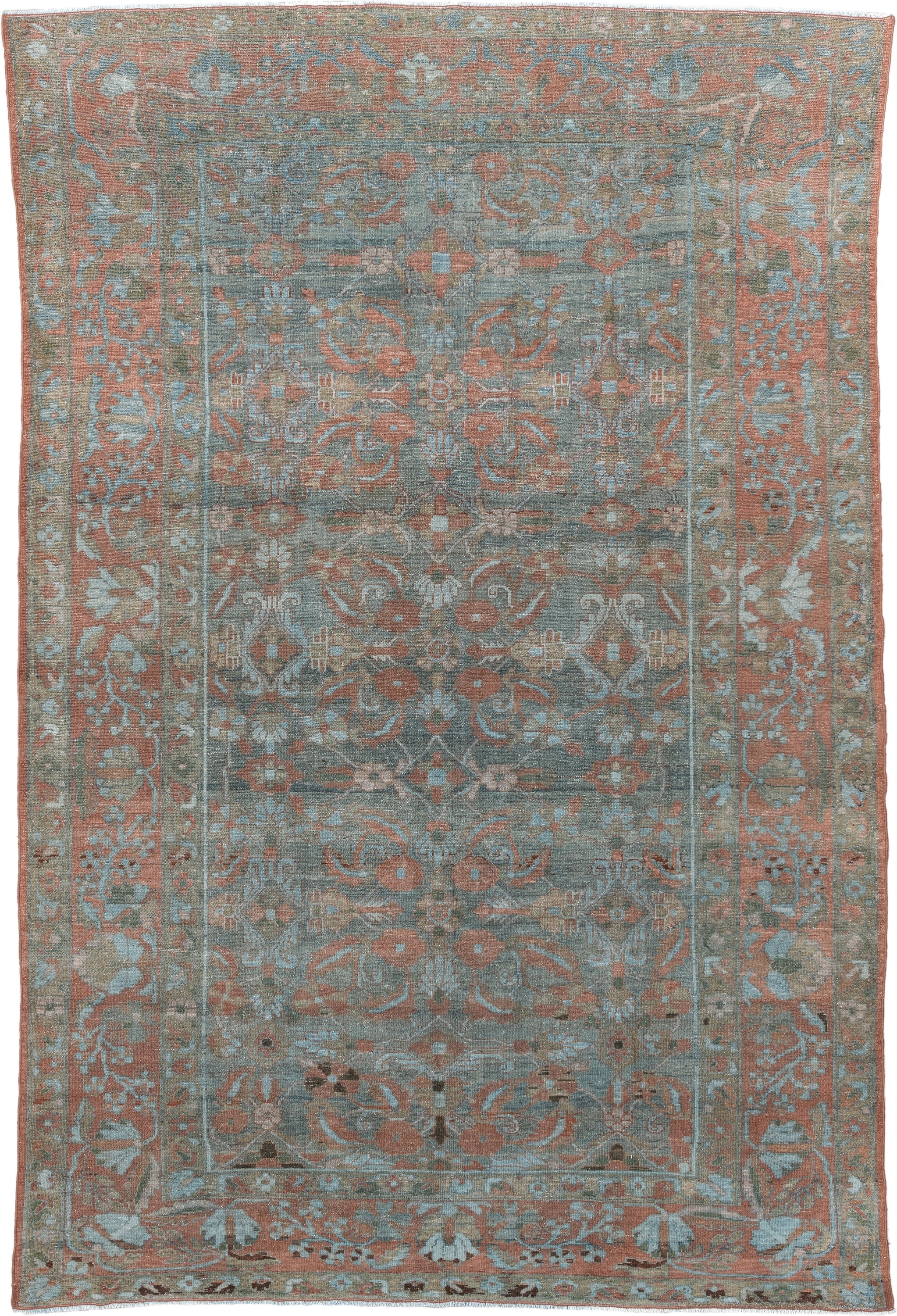 6' x 10' one-of-a-kind handmade antique Lilian large size rug. Color palette: dusty blue, terracotta, ivory, taupe, sage