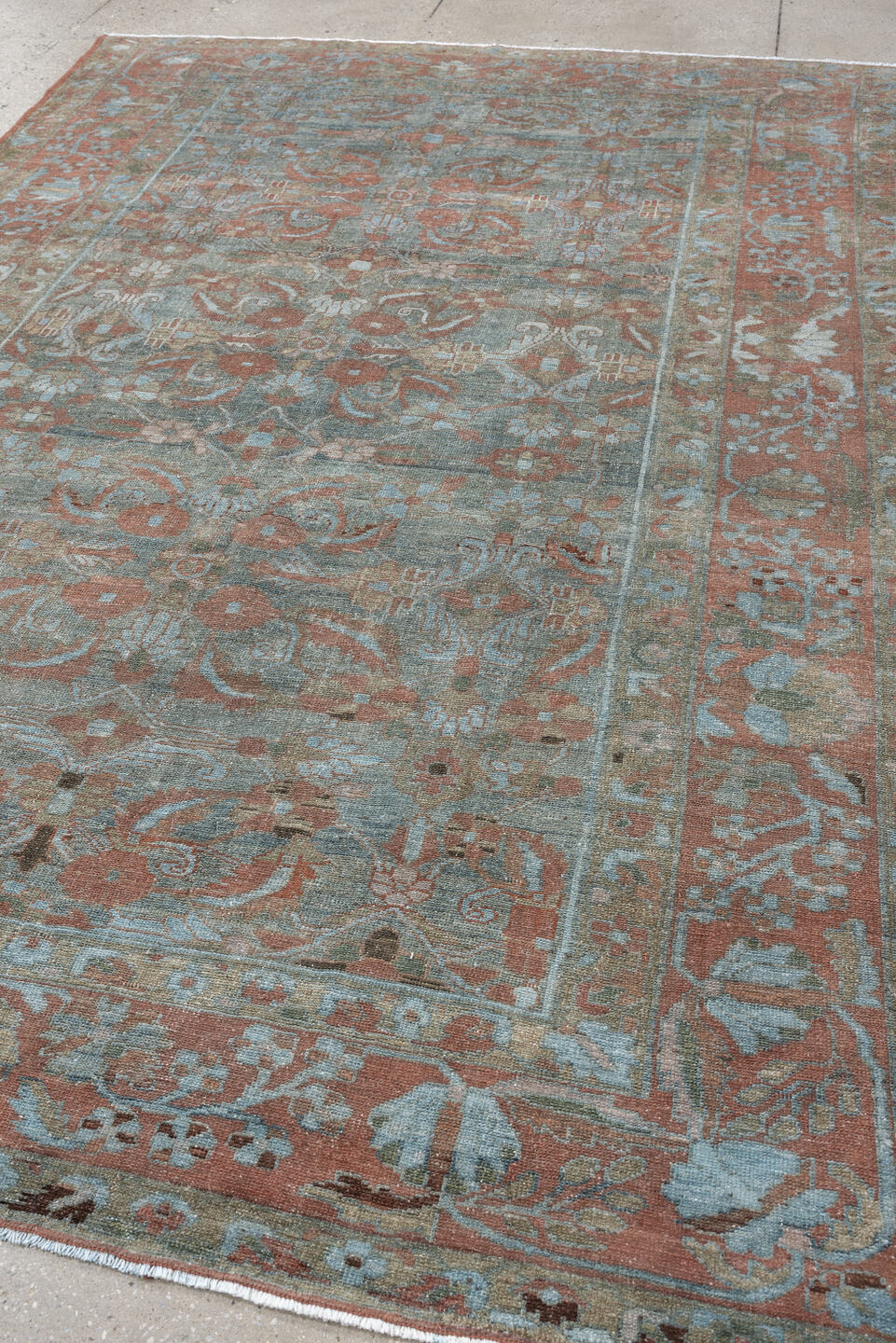 6' x 10' one-of-a-kind handmade antique Lilian large size rug. Color palette: dusty blue, terracotta, ivory, taupe, sage
