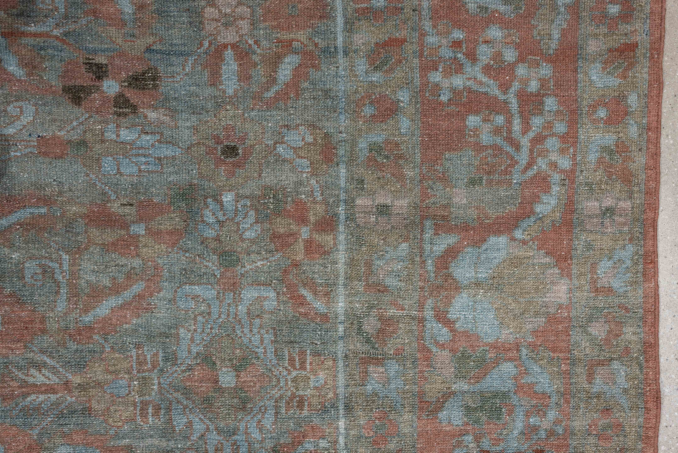 6' x 10' one-of-a-kind handmade antique Lilian large size rug. Color palette: dusty blue, terracotta, ivory, taupe, sage