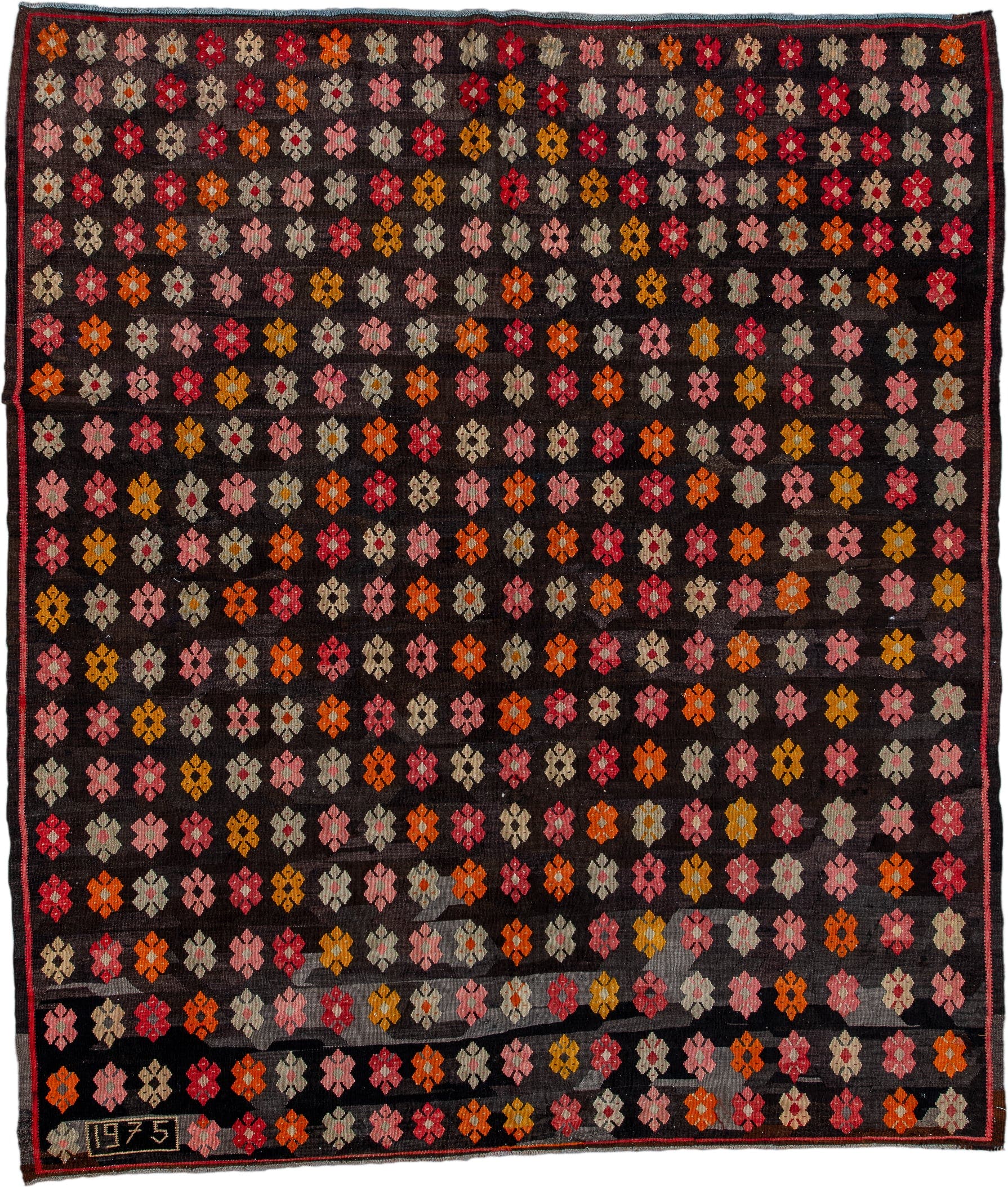 7' x 8' one-of-a-kind handmade antique Kilim rug. Color palette: charcoal, rose, ivory, rust, crimson, saffron, gray, black