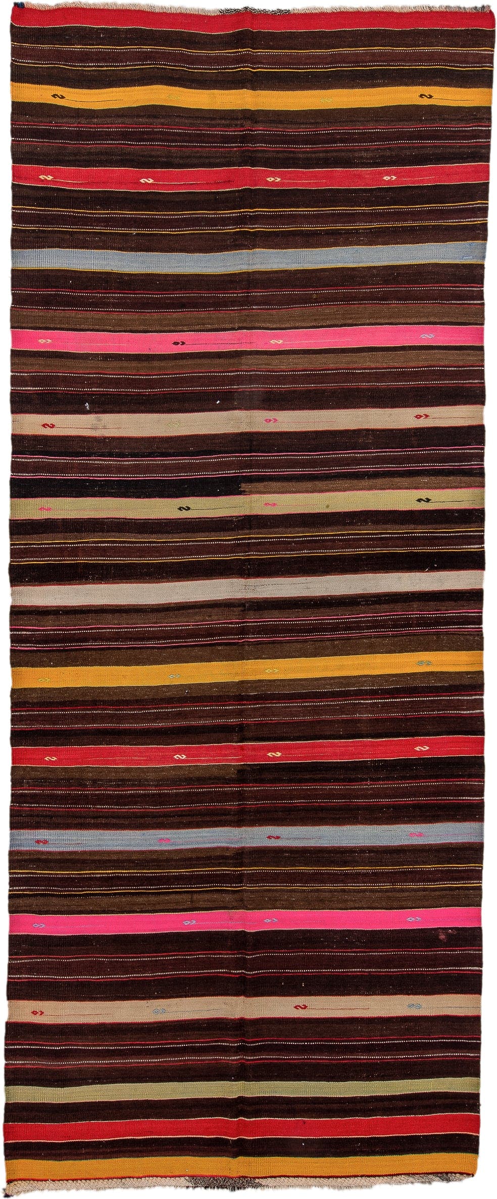 6' x 15' one-of-a-kind handmade antique Kilim rug. Color palette: brown, rust, gold, ivory, sky_blue, olive, pink, charcoal