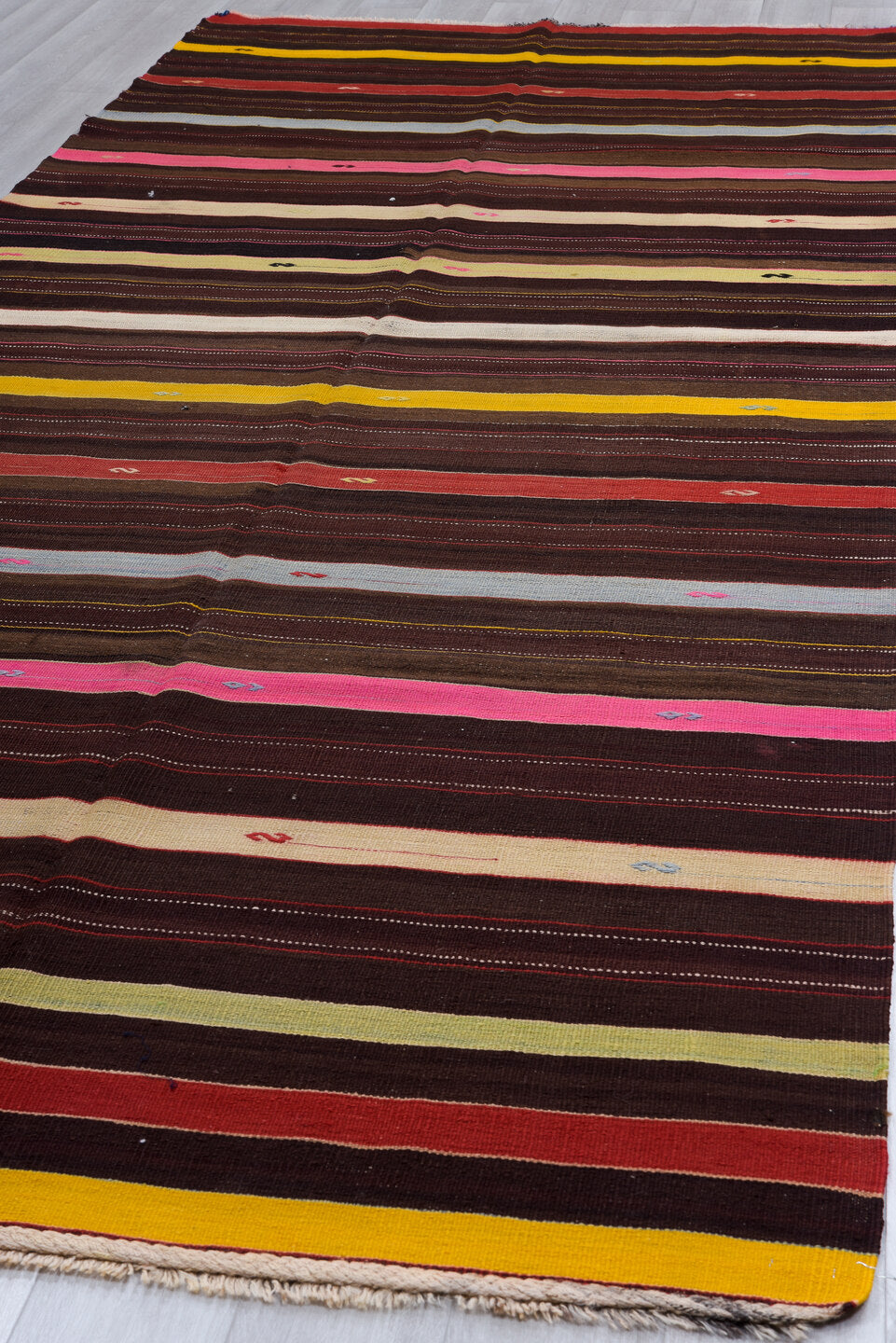 6' x 15' one-of-a-kind handmade vintage Kilim rug. Color palette: black, brown, fire brick, gray, light gray, pink, red