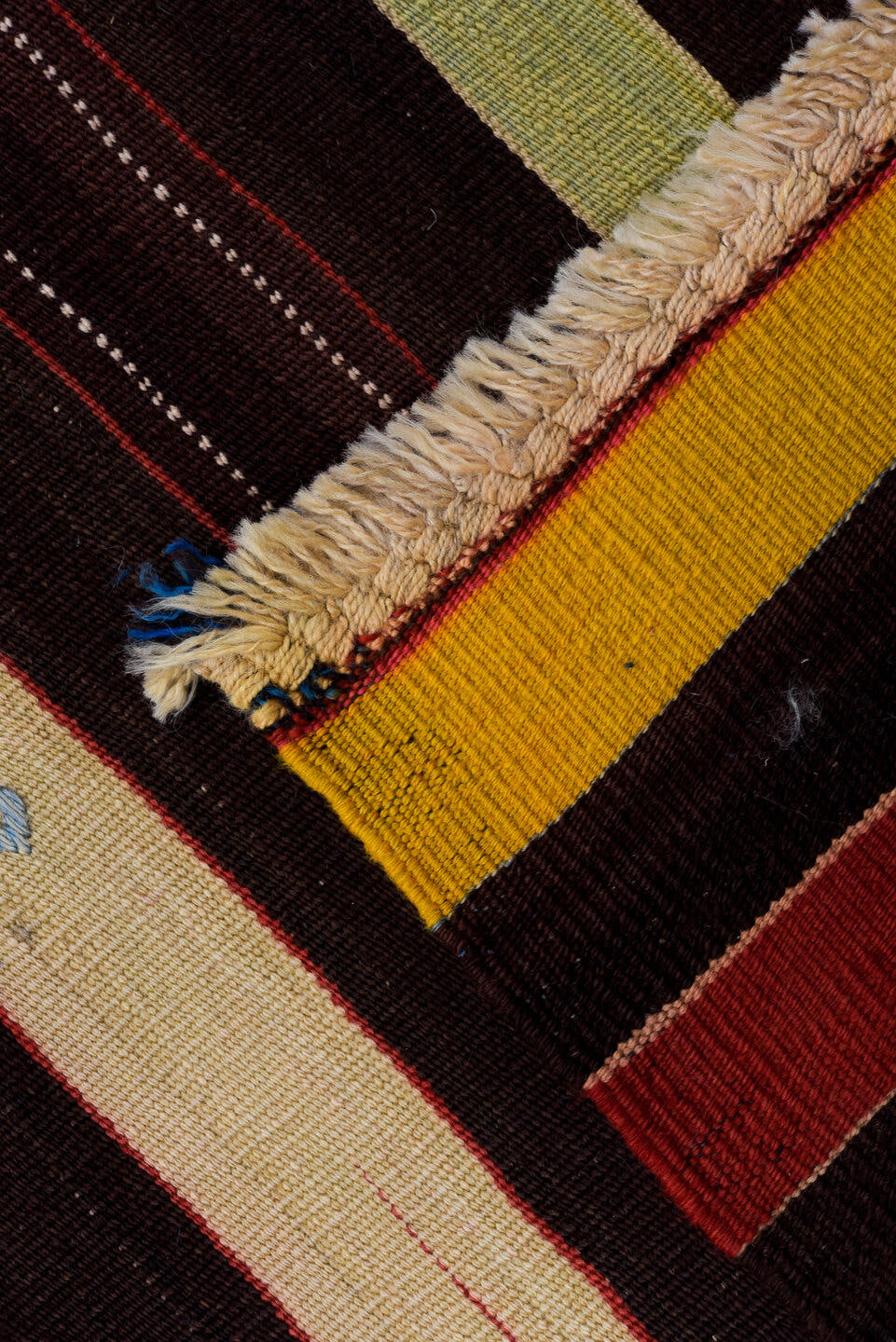 6' x 15' one-of-a-kind handmade antique Kilim rug. Color palette: brown, rust, gold, ivory, sky_blue, olive, pink, charcoal