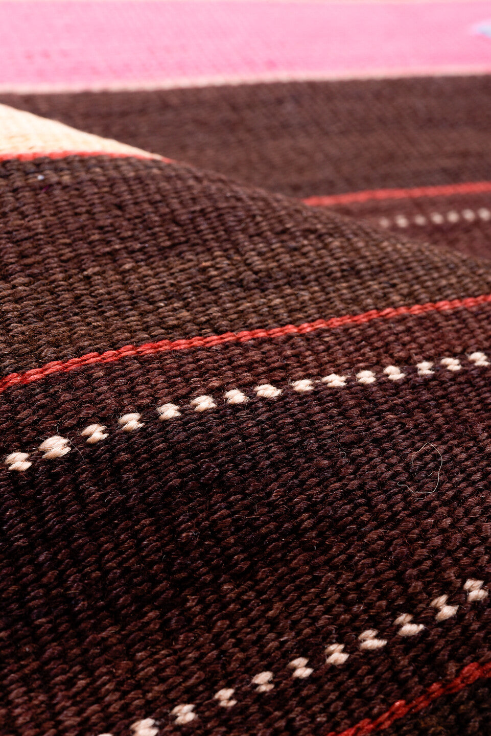 6' x 15' one-of-a-kind handmade vintage Kilim rug. Color palette: black, brown, fire brick, gray, light gray, pink, red