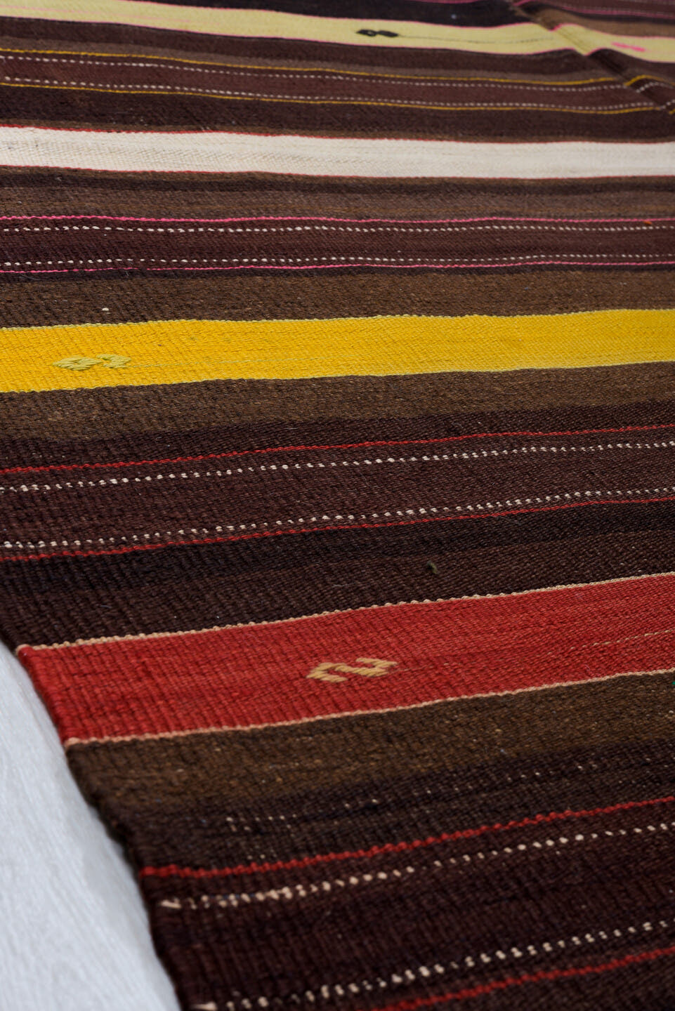 6' x 15' one-of-a-kind handmade antique Kilim rug. Color palette: brown, rust, gold, ivory, sky_blue, olive, pink, charcoal