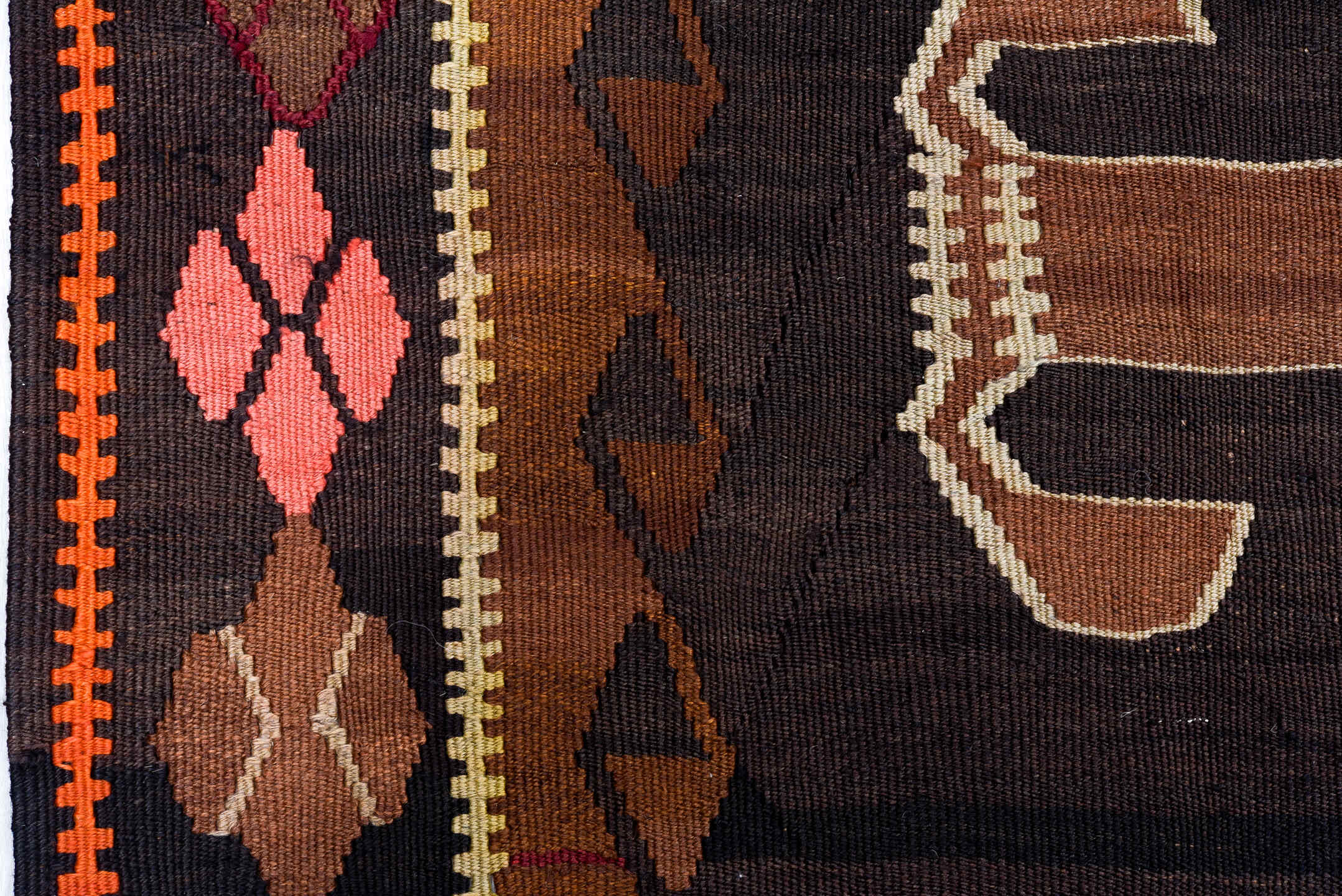 6' x 12' one-of-a-kind handmade antique Kilim large size rug. Color palette: brown, burgundy, camel, ivory, orange, taupe