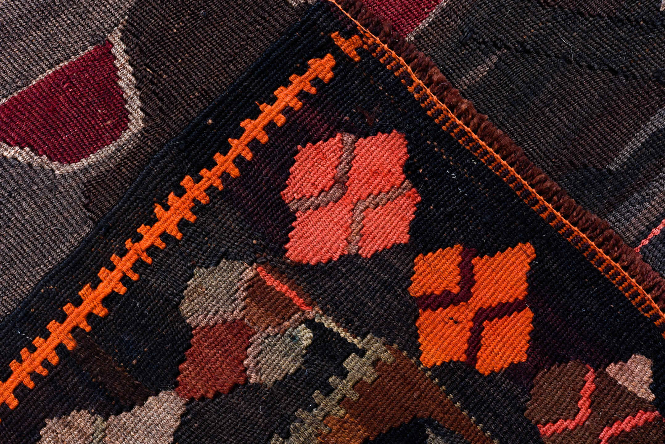 6' x 12' one-of-a-kind handmade antique Kilim large size rug. Color palette: brown, burgundy, camel, ivory, orange, taupe
