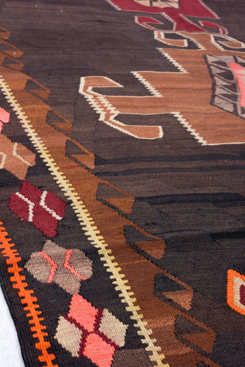 6' x 12' one-of-a-kind handmade antique Kilim large size rug. Color palette: brown, burgundy, camel, ivory, orange, taupe
