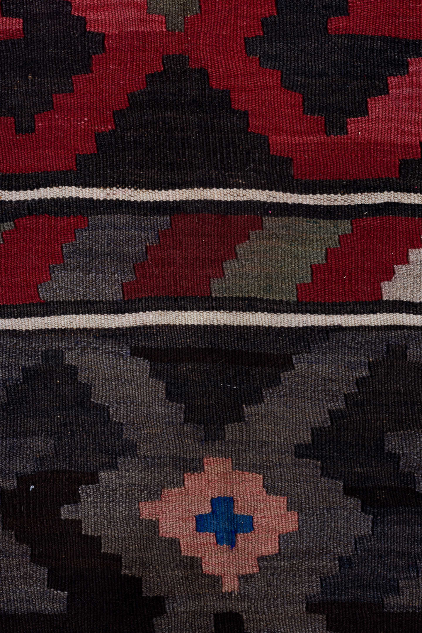 6' x 10' one-of-a-kind handmade antique Kilim large size rug. Color palette: brown, rust, taupe, gray, crimson, pink, blue