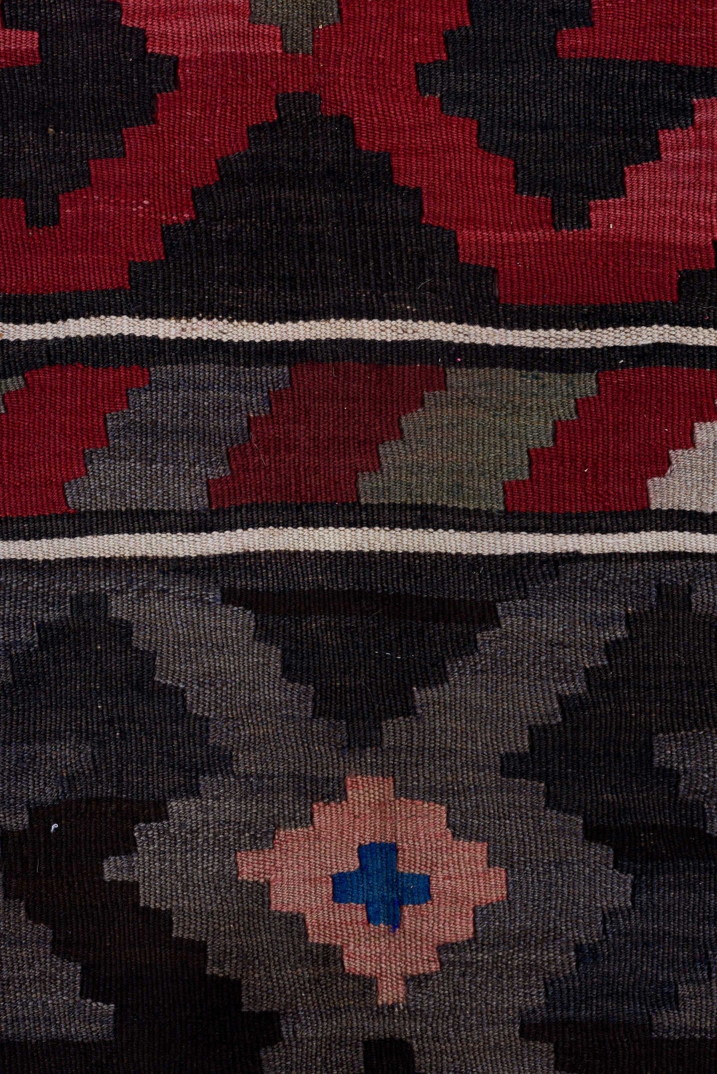 6' x 10' one-of-a-kind handmade antique Kilim large size rug. Color palette: brown, rust, taupe, gray, crimson, pink, blue