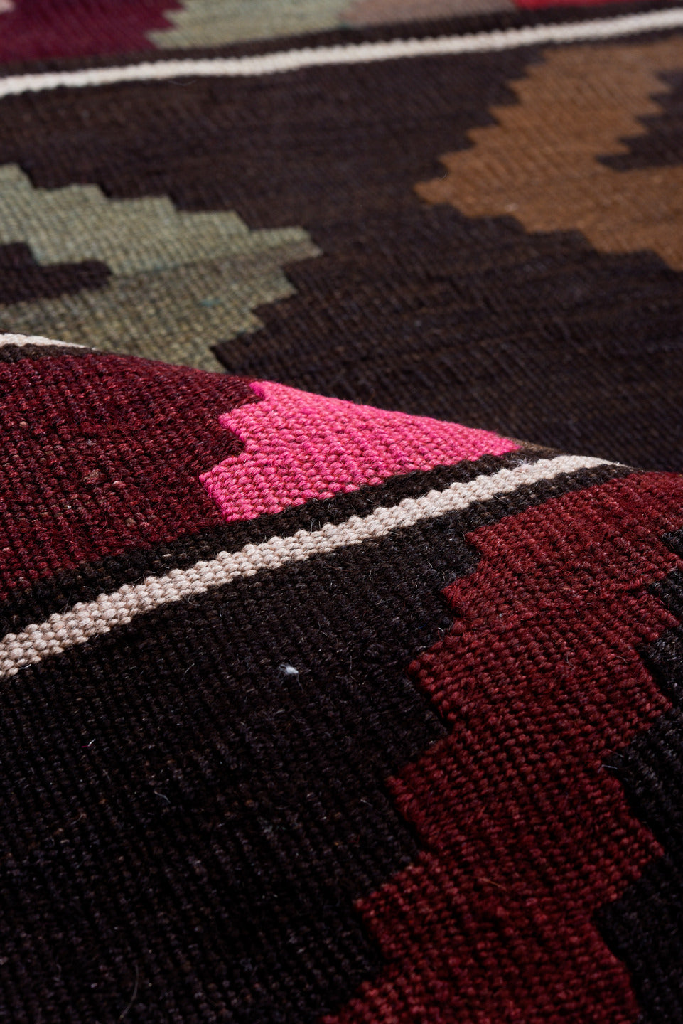 6' x 10' one-of-a-kind handmade antique Kilim large size rug. Color palette: brown, rust, taupe, gray, crimson, pink, blue