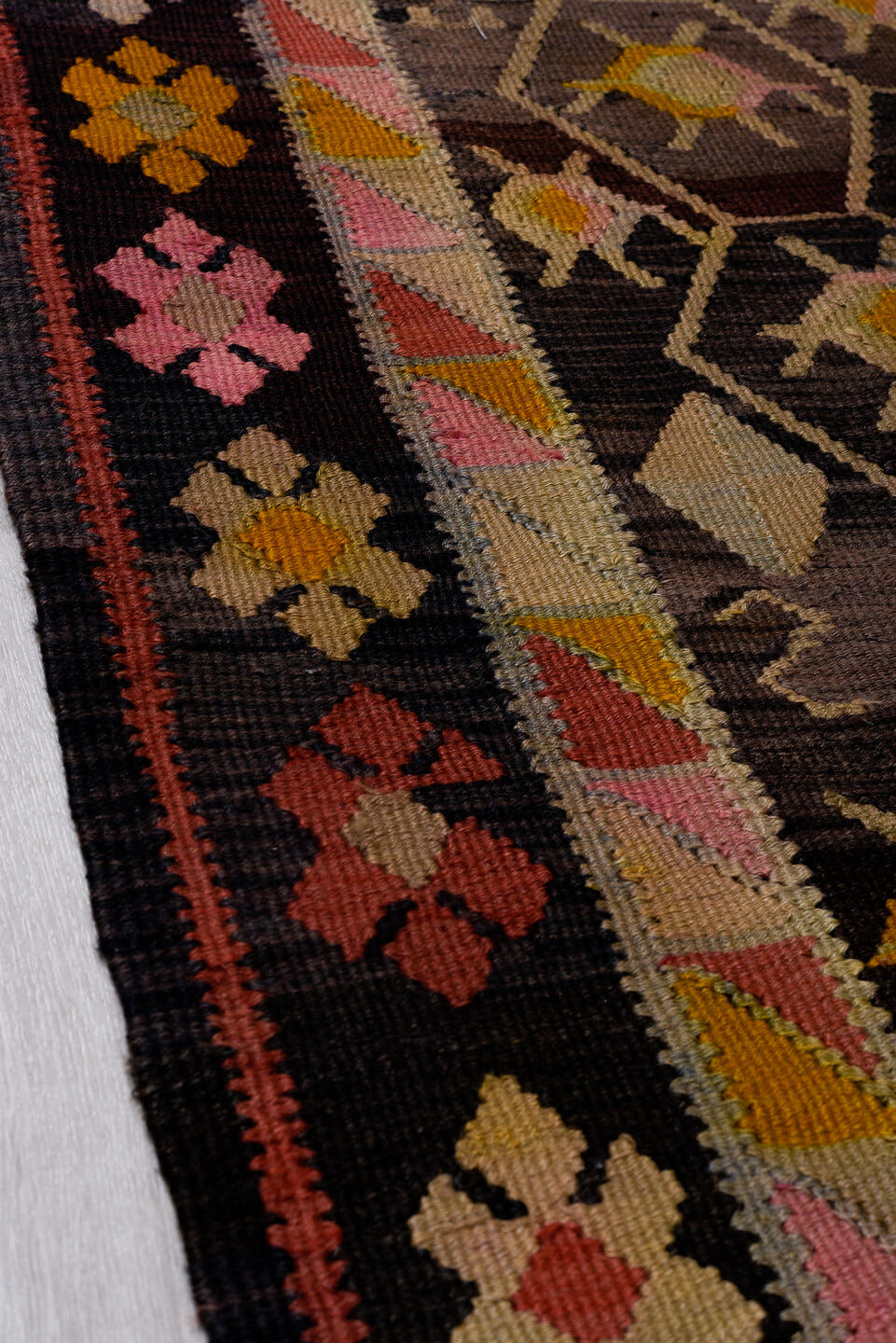 4' x 10' one-of-a-kind handmade antique Kilim runner rug. Color palette: charcoal, rose, ivory, saffron, taupe, coral, brown