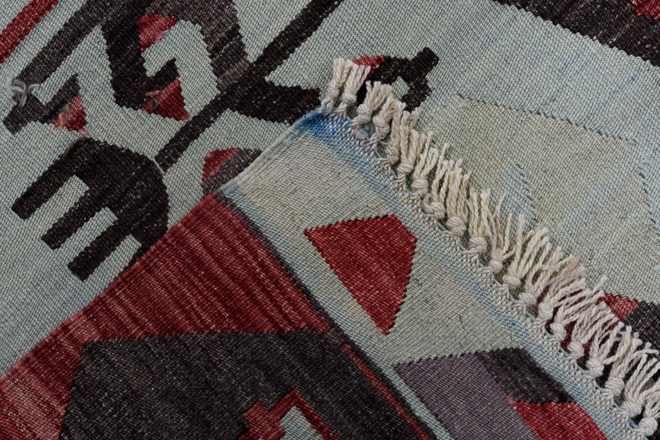 6' x 9' one-of-a-kind handmade antique Kilim medium size rug. Color palette: pale blue, charcoal, rose, ivory, crimson
