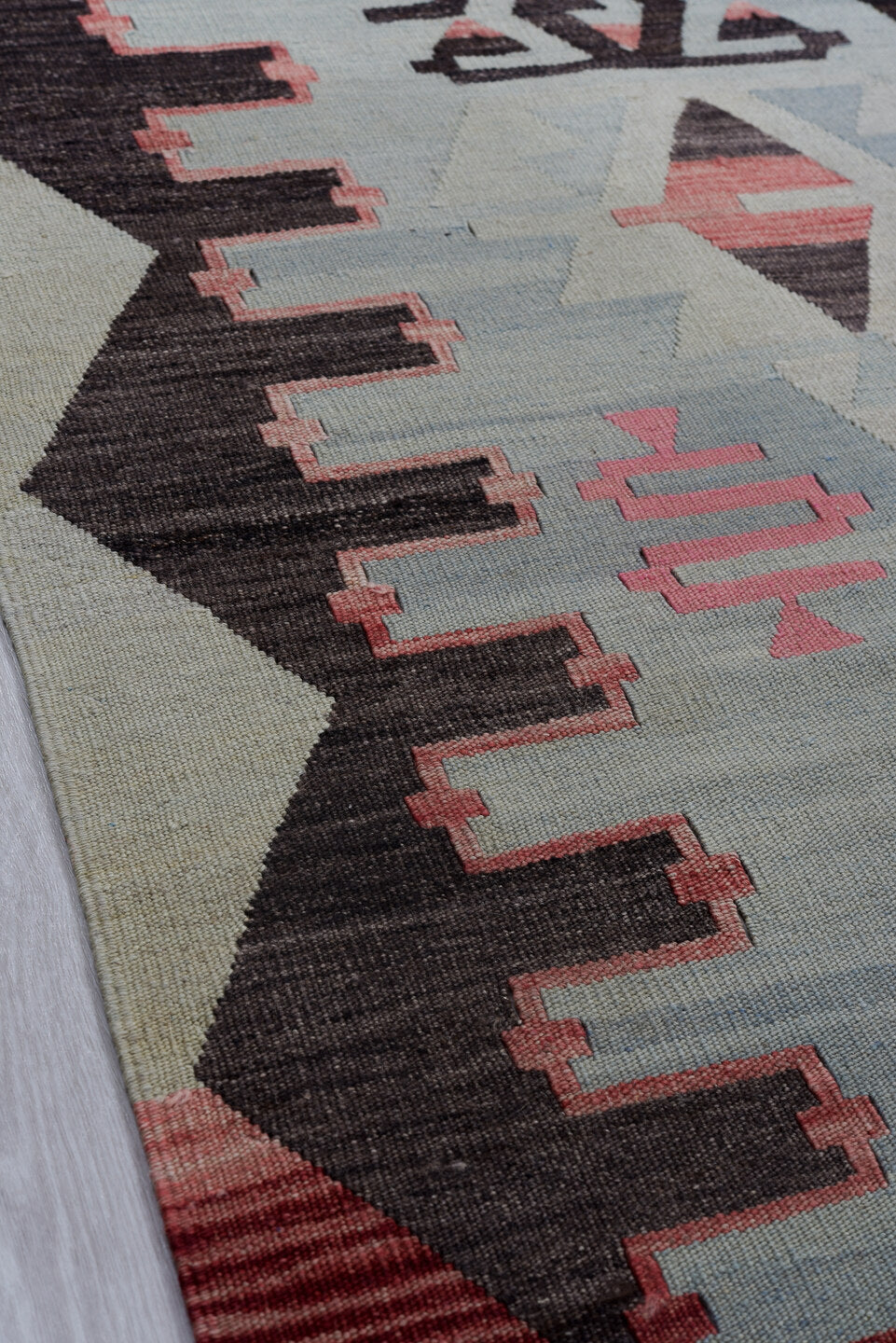 6' x 9' one-of-a-kind handmade antique Kilim medium size rug. Color palette: pale blue, charcoal, rose, ivory, crimson