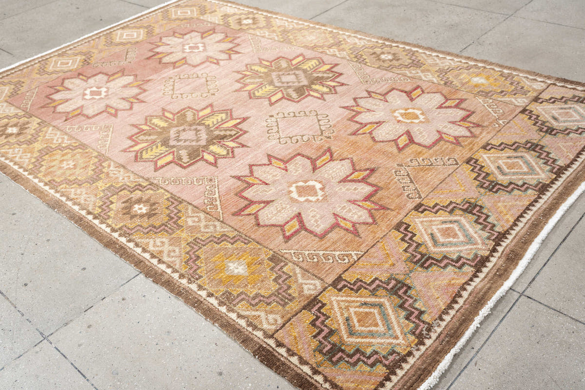 6' x 9' one-of-a-kind handmade antique Kilim medium size rug. Color palette: rose, rust, ivory, charcoal, gold, terra cotta
