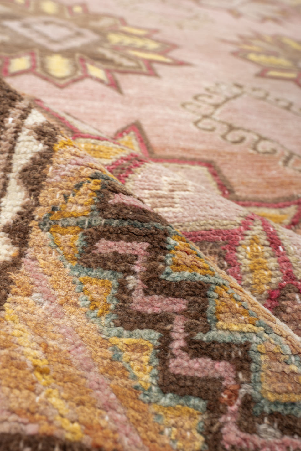 6' x 9' one-of-a-kind handmade antique Kilim medium size rug. Color palette: rose, rust, ivory, charcoal, gold, terra cotta