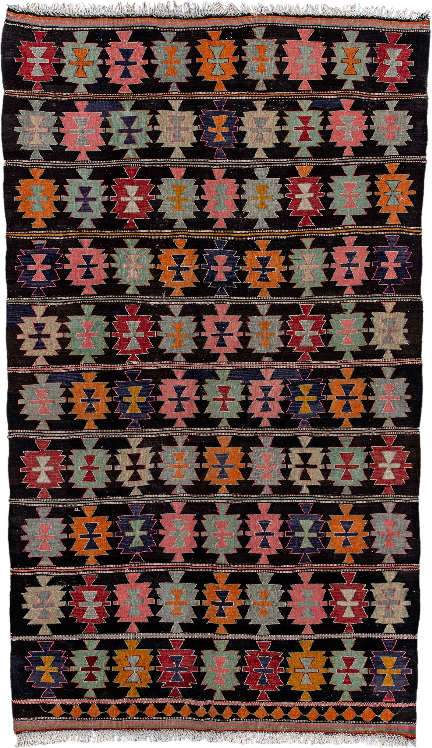 5' x 9' one-of-a-kind handmade antique Kilim medium size rug. Color palette: charcoal, rose, ivory, rust, sage, indigo
