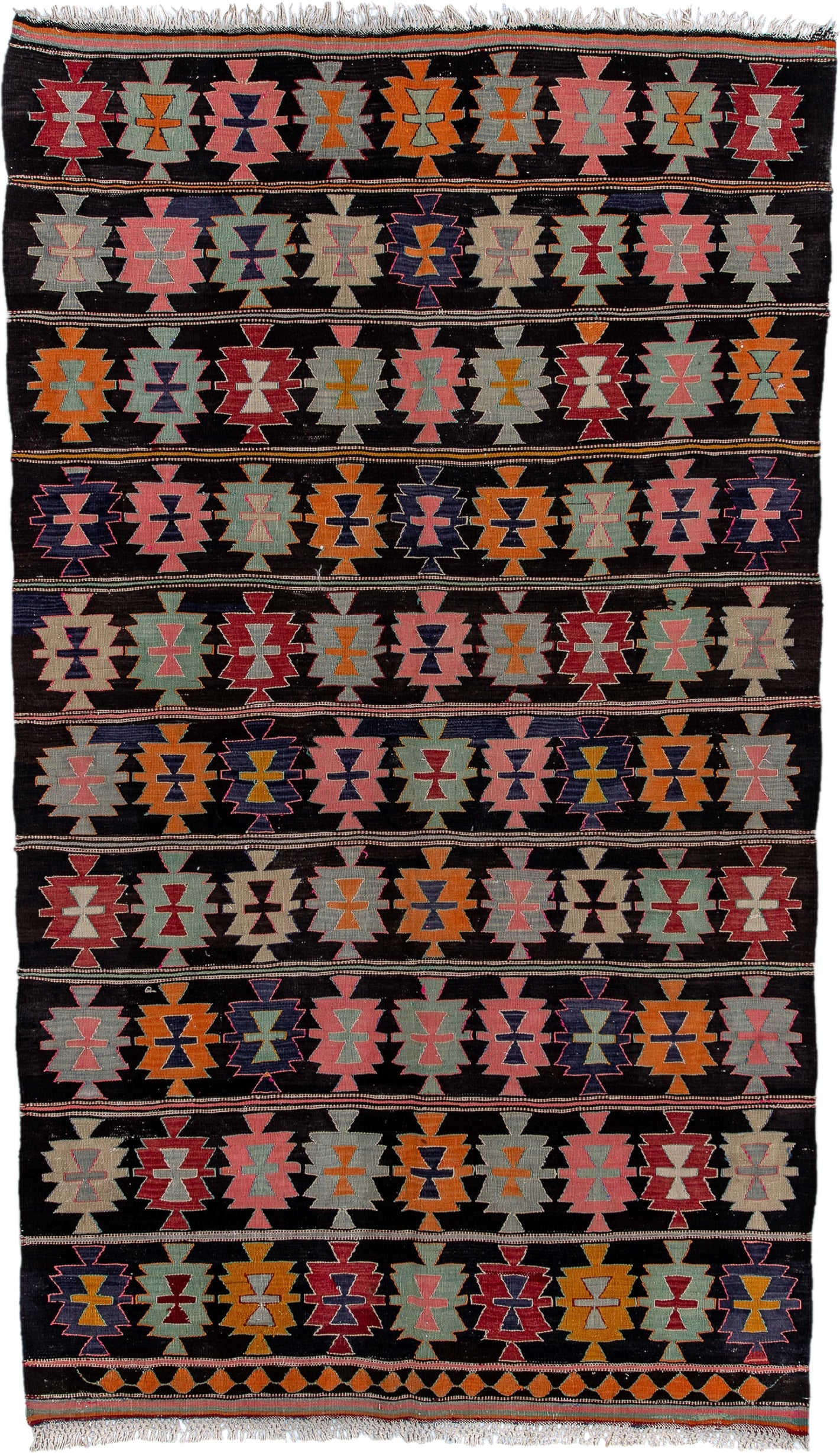 5' x 9' one-of-a-kind handmade antique Kilim medium size rug. Color palette: charcoal, rose, ivory, rust, sage, indigo
