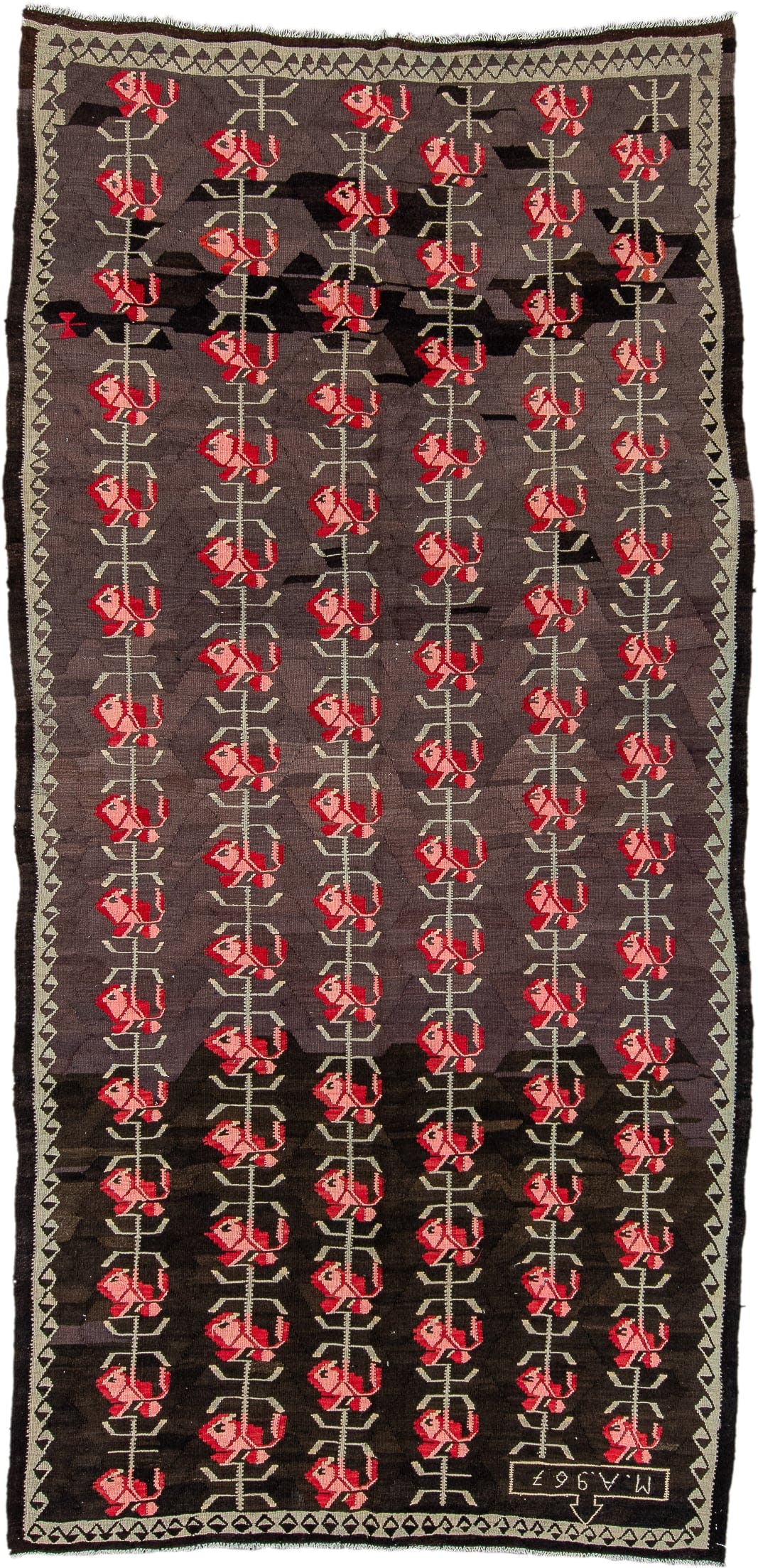 5' x 11' one-of-a-kind handmade antique Besserabian rug. Color palette: charcoal, taupe, crimson, rose, ivory, black, gray