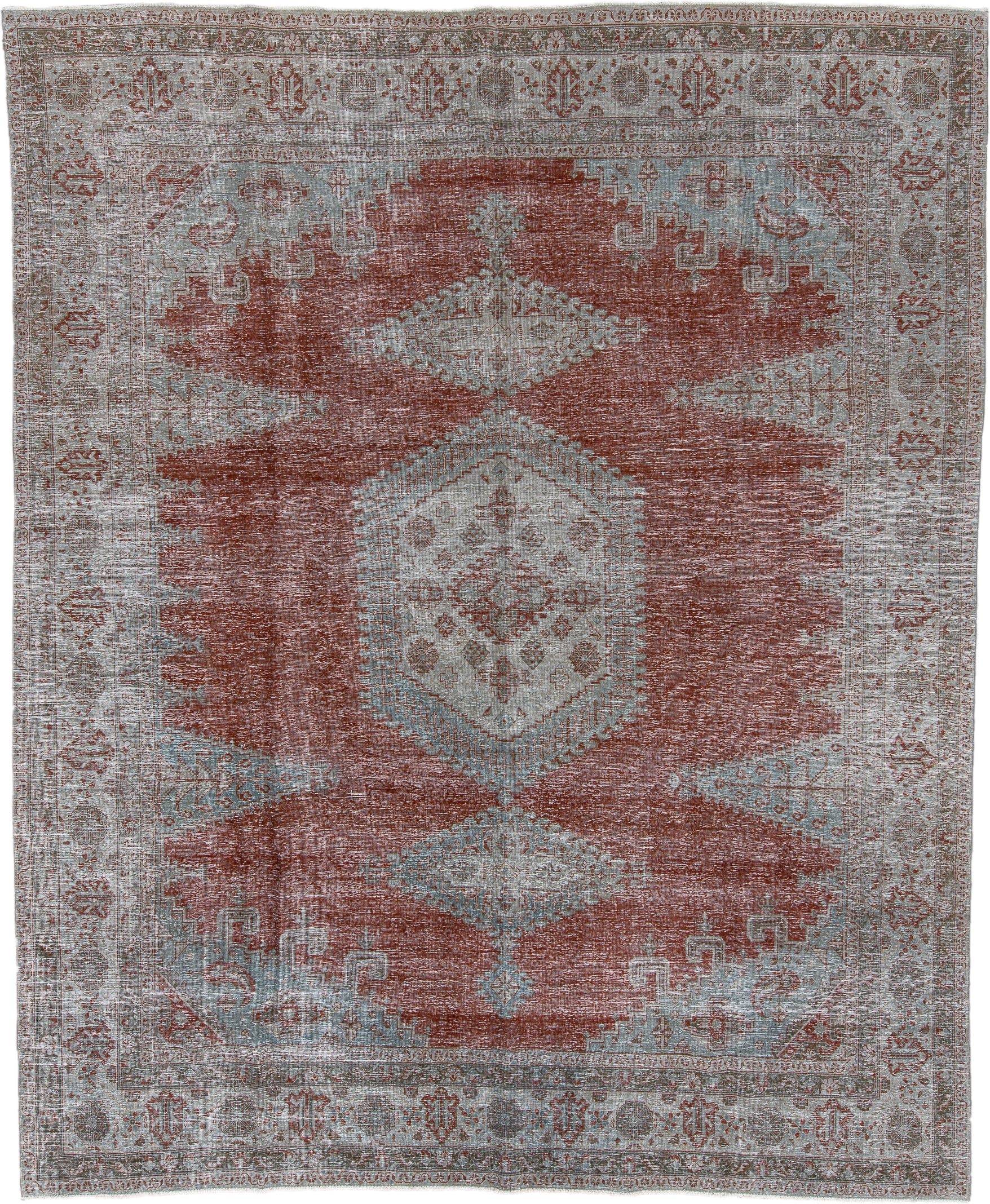 10' x 12' one-of-a-kind handmade antique Veece large size rug. Color palette: terra cotta, ivory, pale blue, taupe, rust