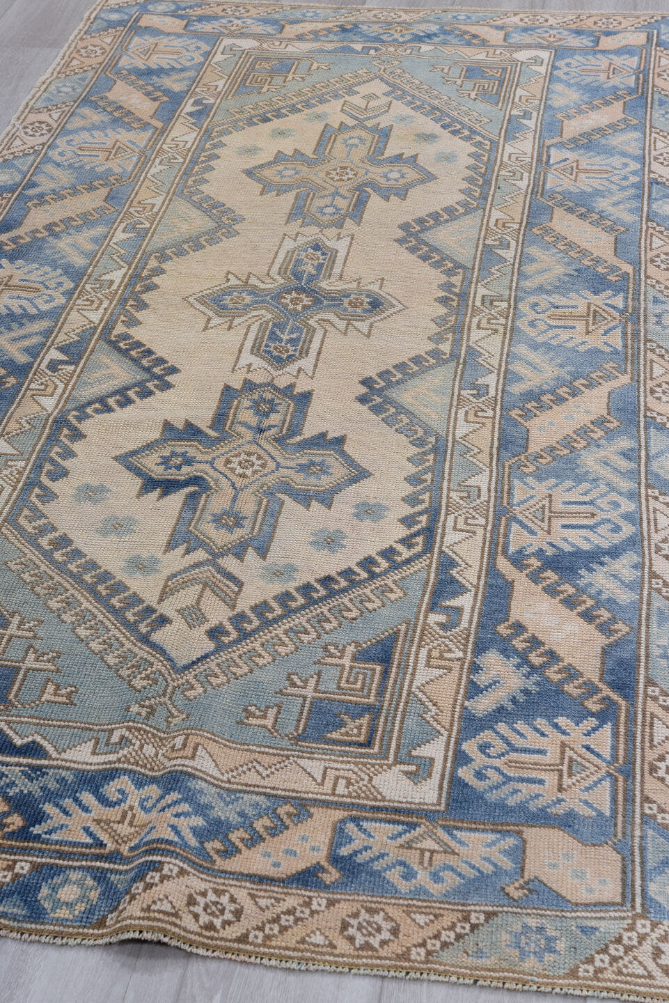 4' x 7' one-of-a-kind handmade vintage Oushak rug. Color palette: ivory, sky blue, taupe, beige, slate blue, camel