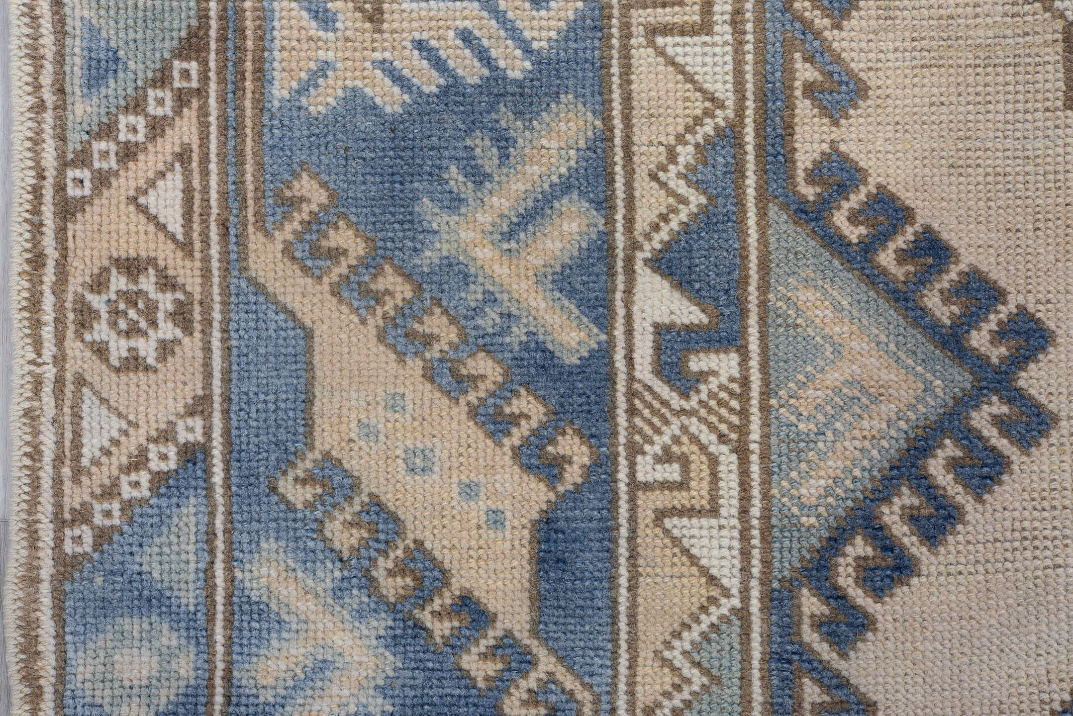 4' x 7' one-of-a-kind handmade vintage Oushak rug. Color palette: ivory, sky blue, taupe, beige, slate blue, camel