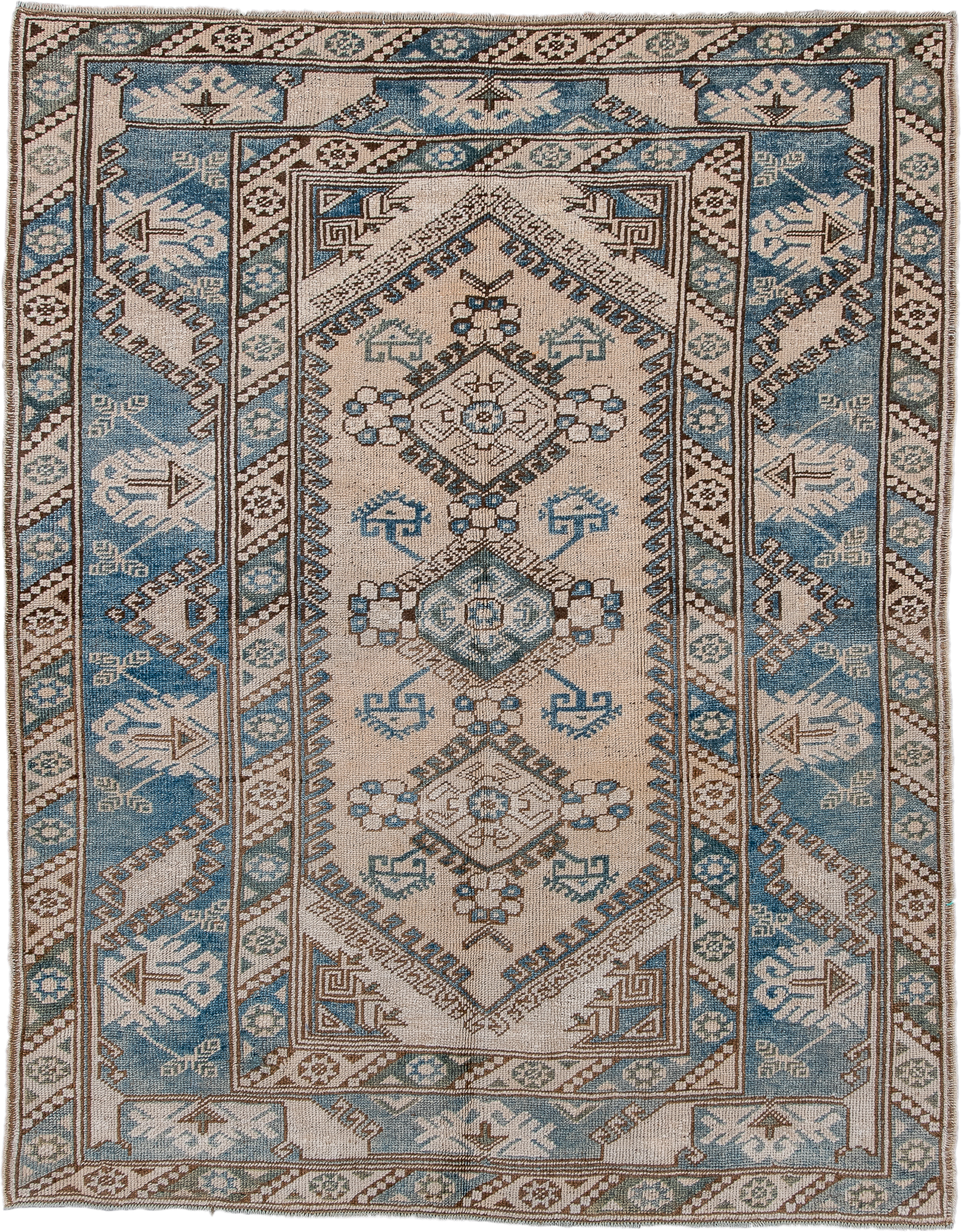 4' x 5' one-of-a-kind handmade vintage Oushak small size rug. Color palette: ivory, sky blue, taupe, brown, pale blue
