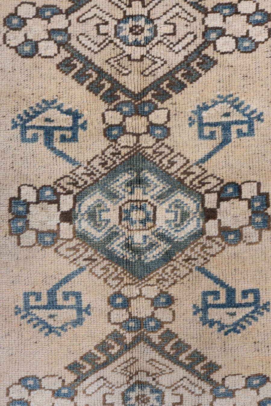 4' x 5' one-of-a-kind handmade vintage Oushak small size rug. Color palette: ivory, sky blue, taupe, brown, pale blue
