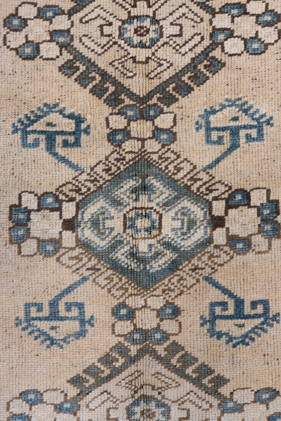 4' x 5' one-of-a-kind handmade vintage Oushak small size rug. Color palette: ivory, sky blue, taupe, brown, pale blue