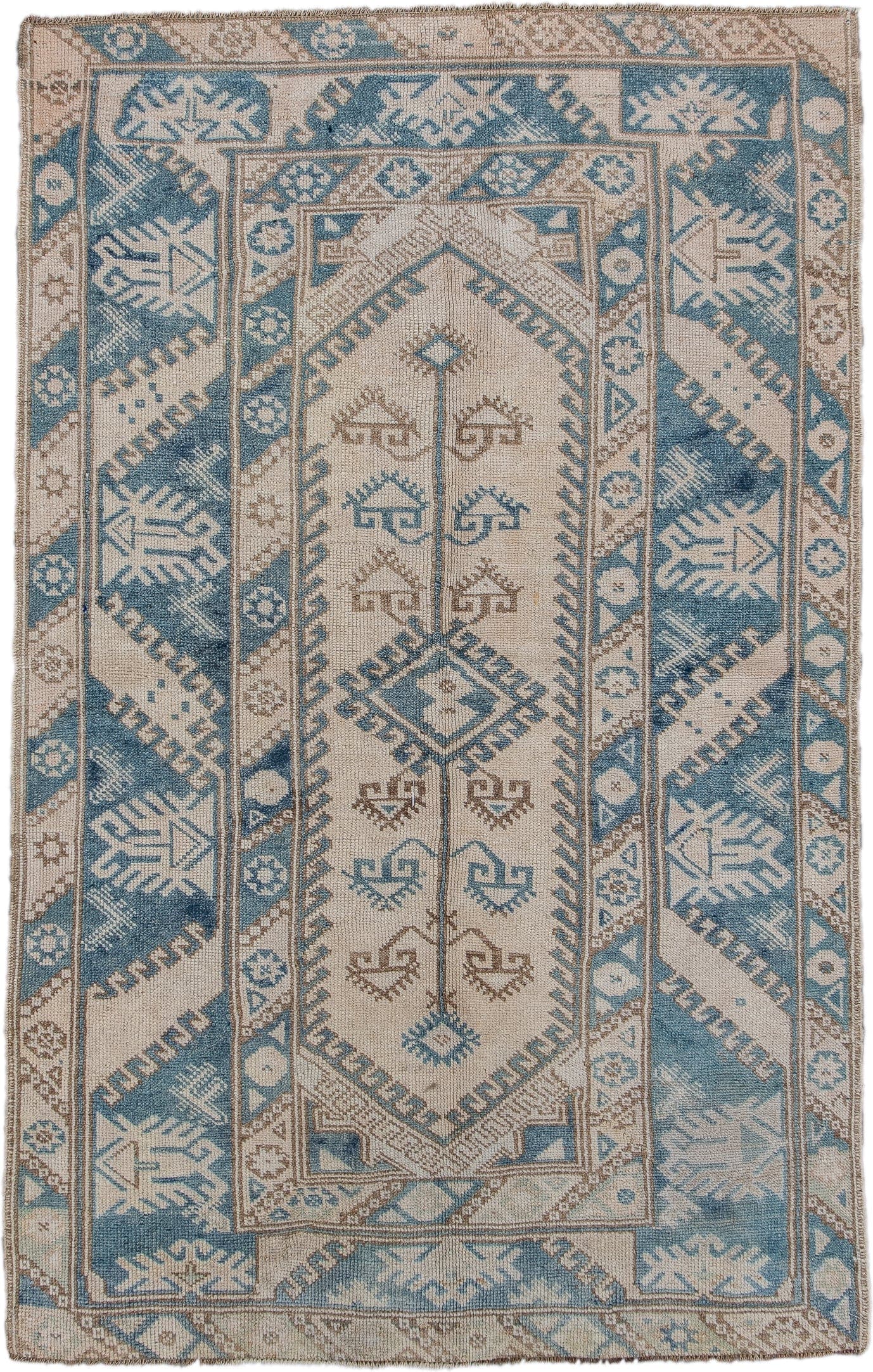3' x 6' one-of-a-kind handmade vintage Oushak small size rug. Color palette: ivory, sky blue, taupe, beige, camel