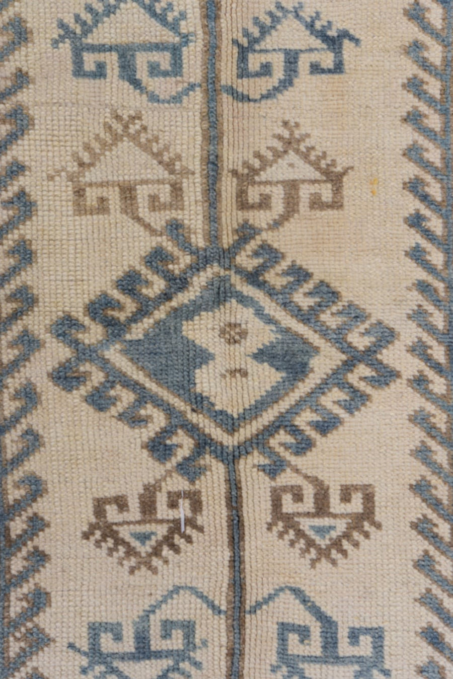 3' x 6' one-of-a-kind handmade vintage Oushak small size rug. Color palette: ivory, sky blue, taupe, beige, camel