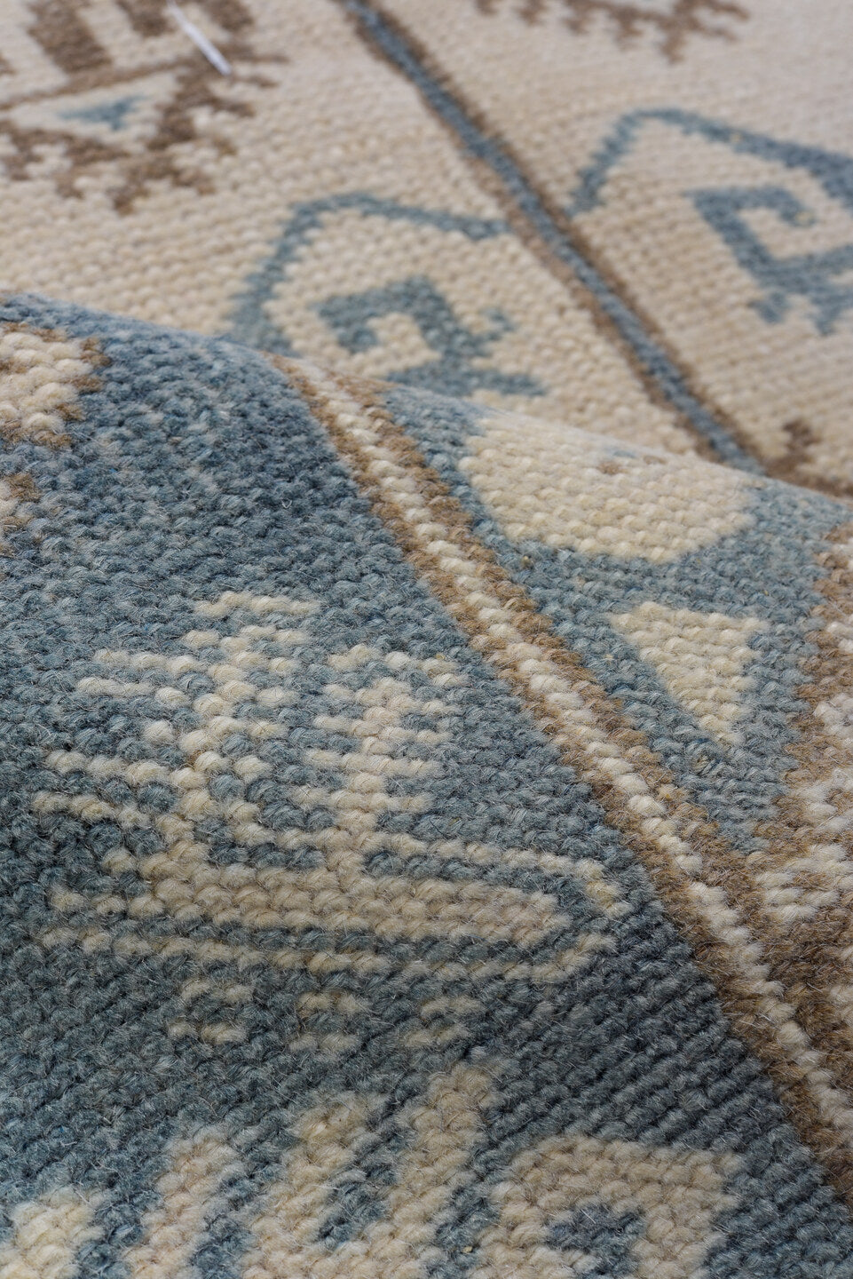 3' x 6' one-of-a-kind handmade vintage Oushak small size rug. Color palette: ivory, sky blue, taupe, beige, camel