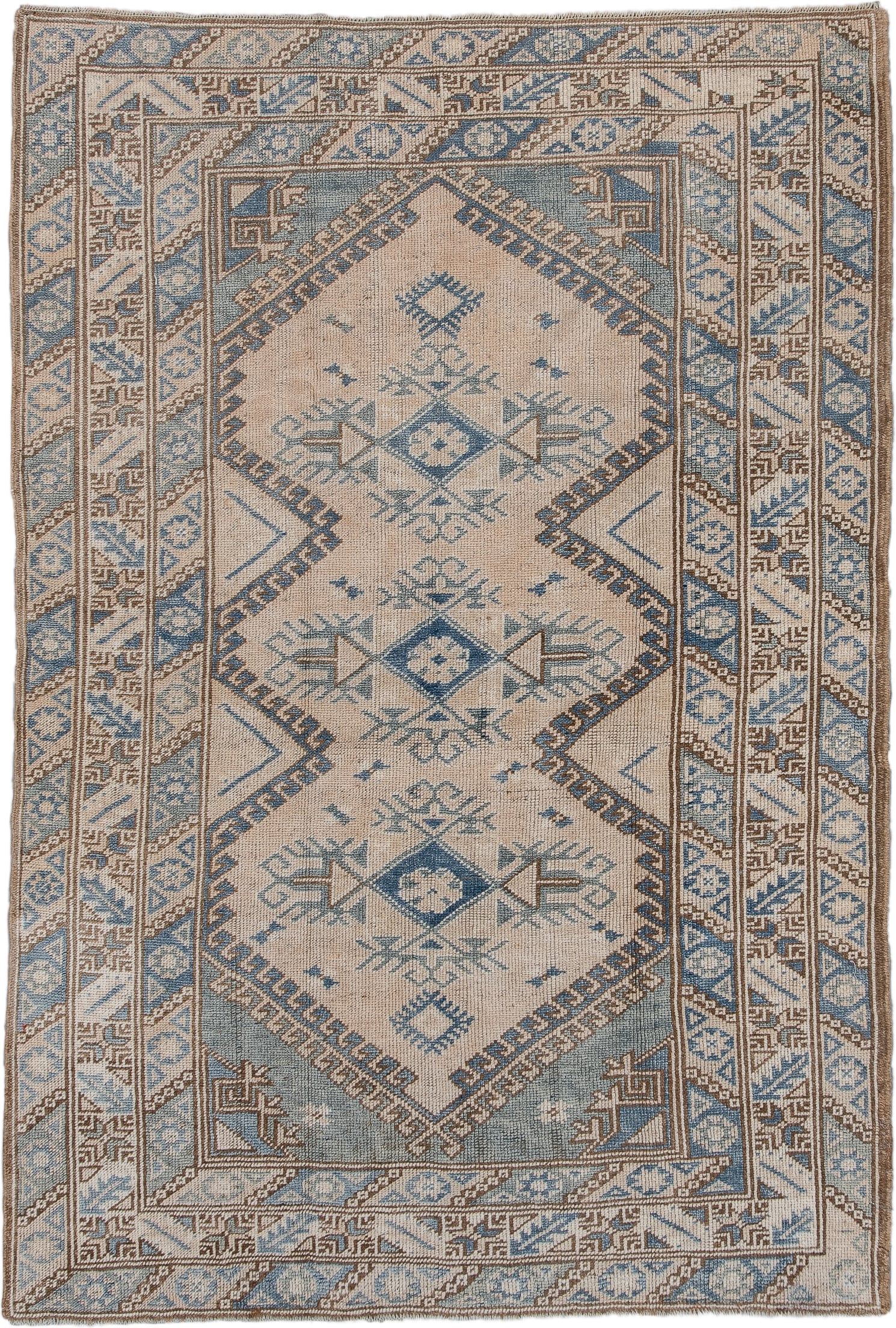 3' x 5' one-of-a-kind handmade vintage Oushak small size rug. Color palette: ivory, powder_blue, taupe, beige, camel