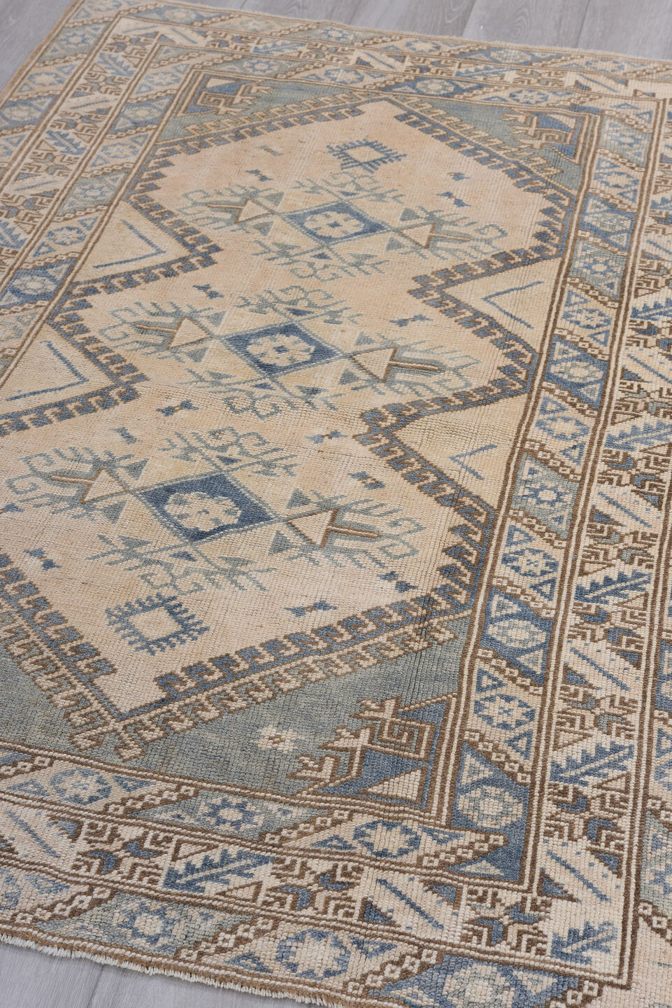 3' x 5' one-of-a-kind handmade vintage Oushak small size rug. Color palette: ivory, powder_blue, taupe, beige, camel