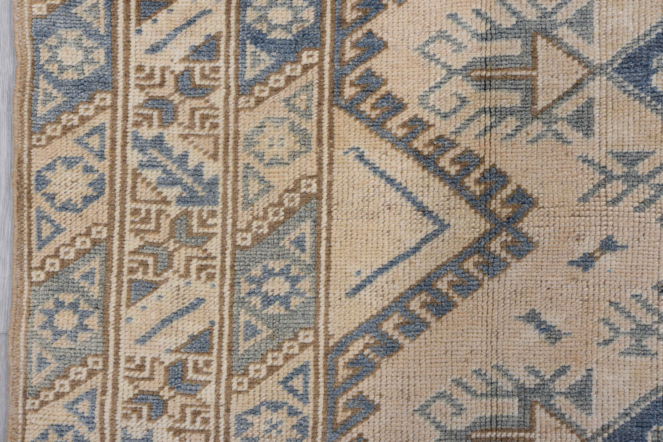 3' x 5' one-of-a-kind handmade vintage Oushak small size rug. Color palette: ivory, powder_blue, taupe, beige, camel