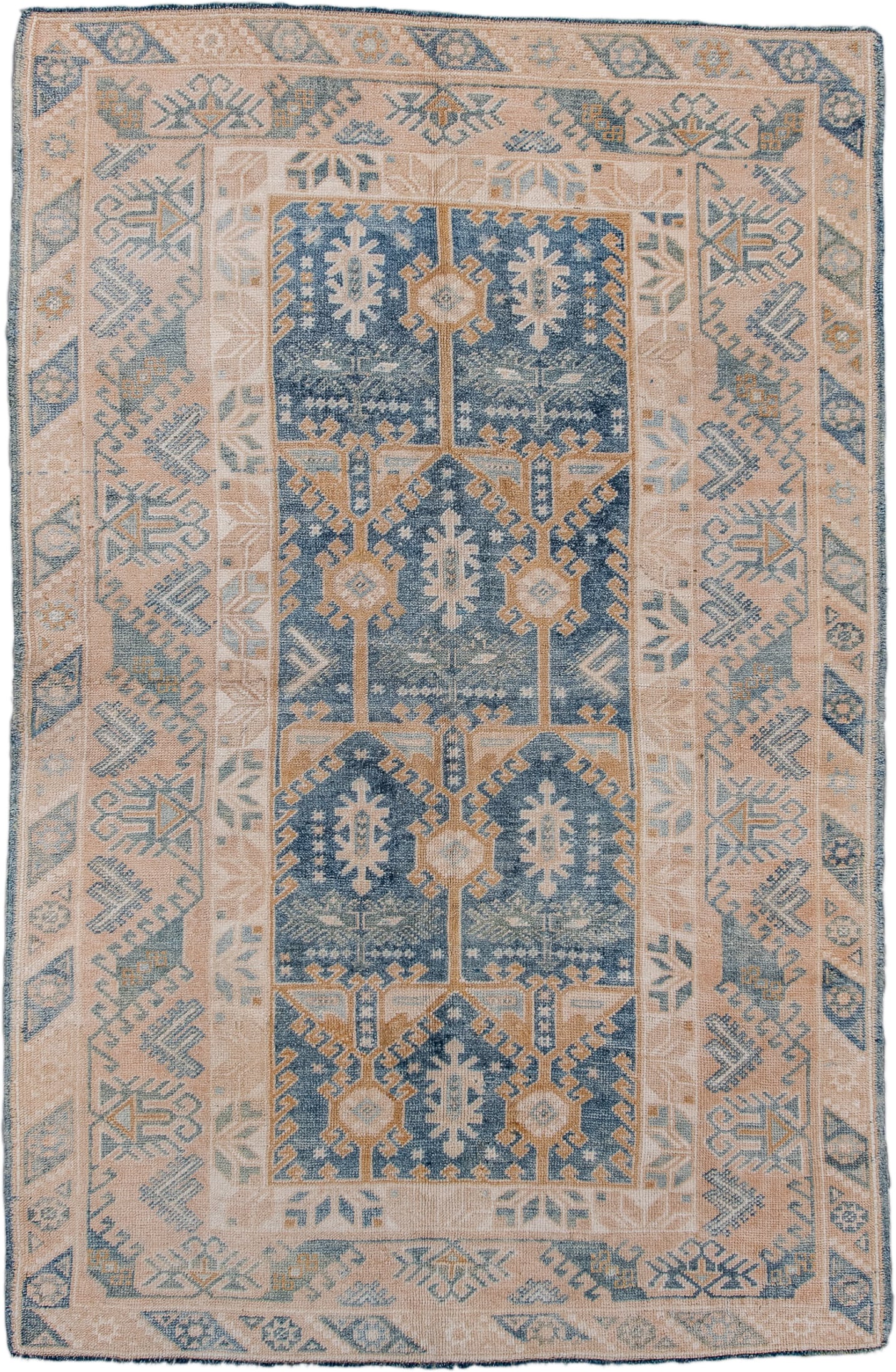 4' x 6' one-of-a-kind handmade vintage Oushak small size rug. Color palette: powder blue, blush, ivory, beige, taupe, camel