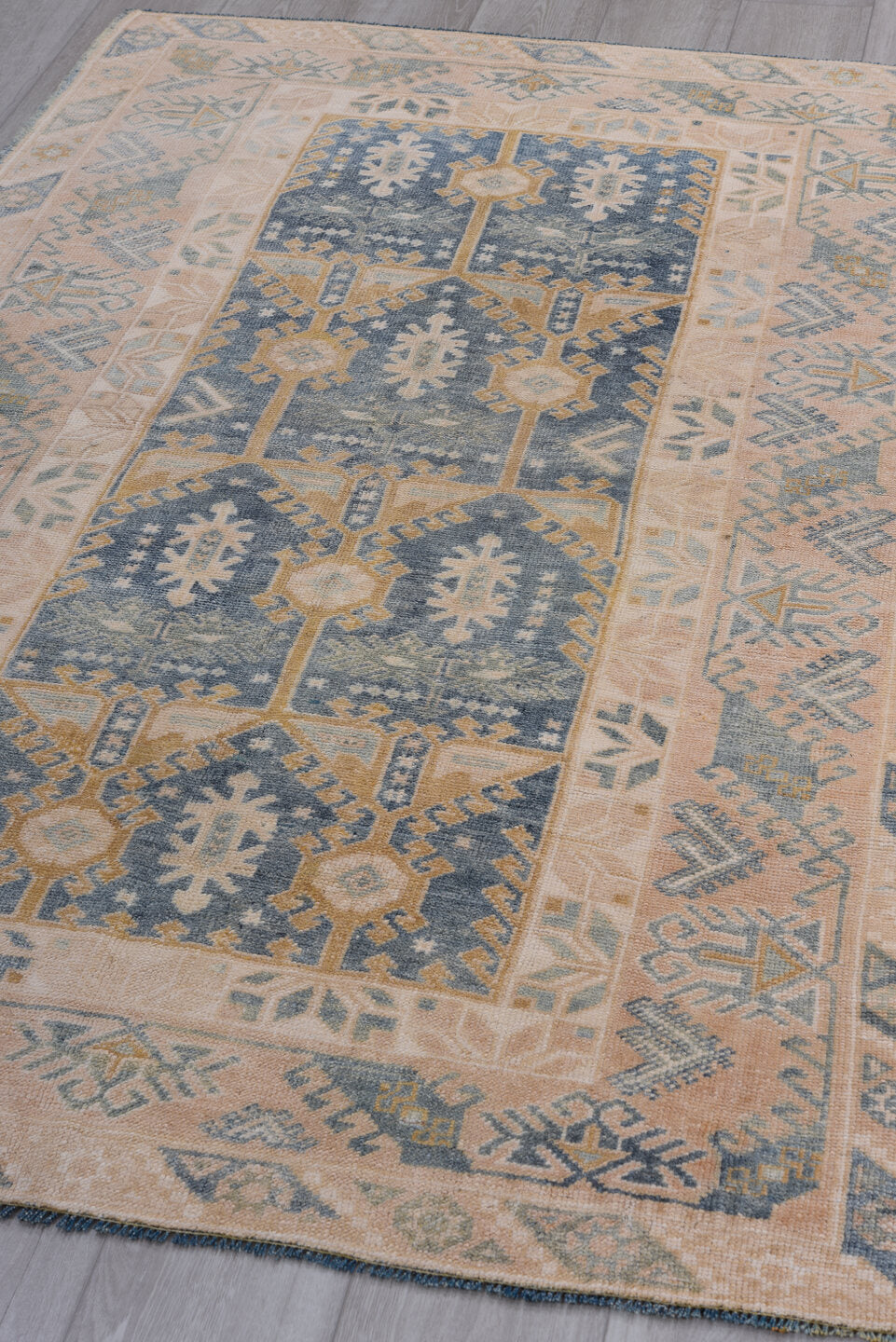 4' x 6' one-of-a-kind handmade vintage Oushak small size rug. Color palette: powder blue, blush, ivory, beige, taupe, camel