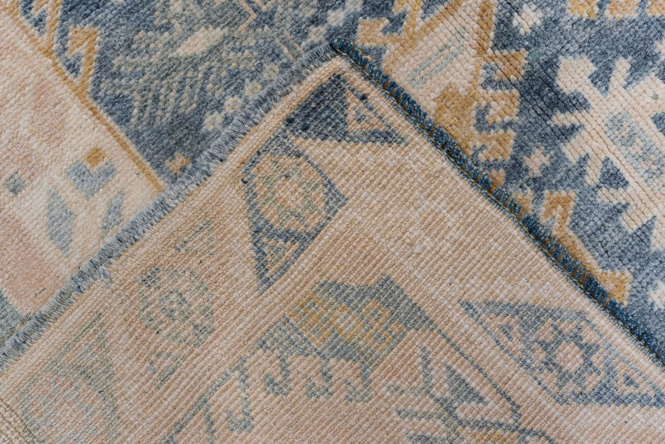 4' x 6' one-of-a-kind handmade vintage Oushak small size rug. Color palette: powder blue, blush, ivory, beige, taupe, camel